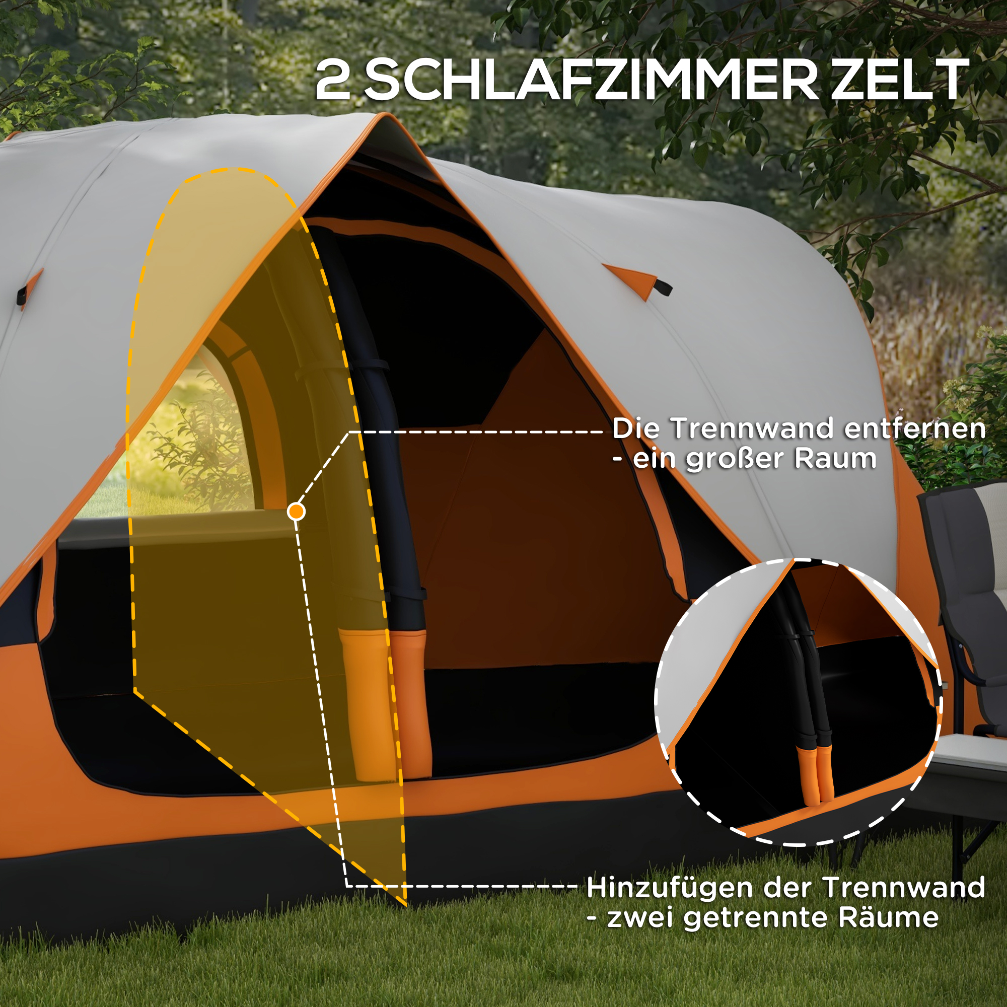 Outsunny Campingtent, Dubbele Kamer, Scheidingswand, Geschikt voor 8 Personen, Met Regenbescherming, Oranje