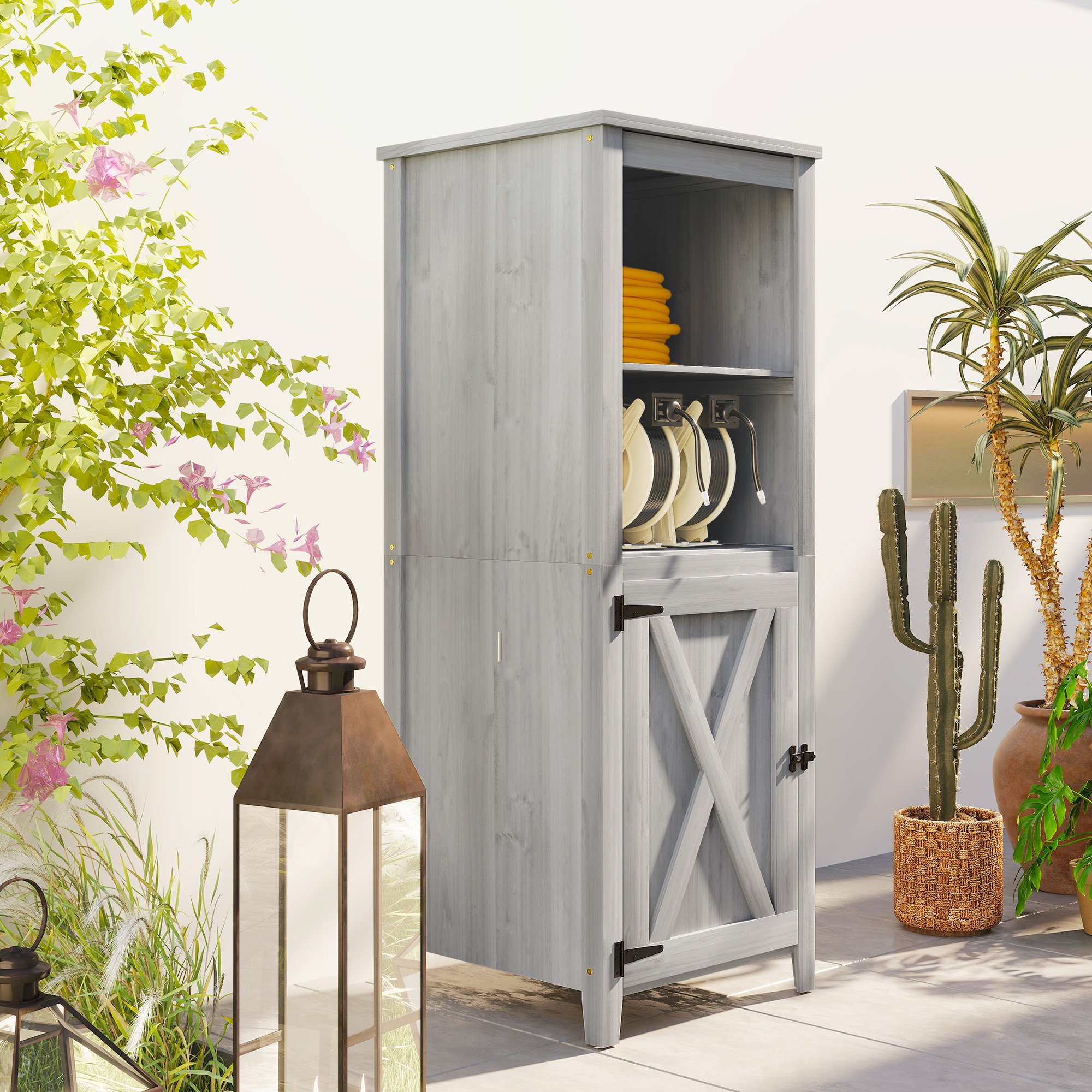 Outsunny Tuinschuur met Schuurdeur, Verstelbare Planken, Slank Ontwerp, Dennenhout, Lichtgrijs