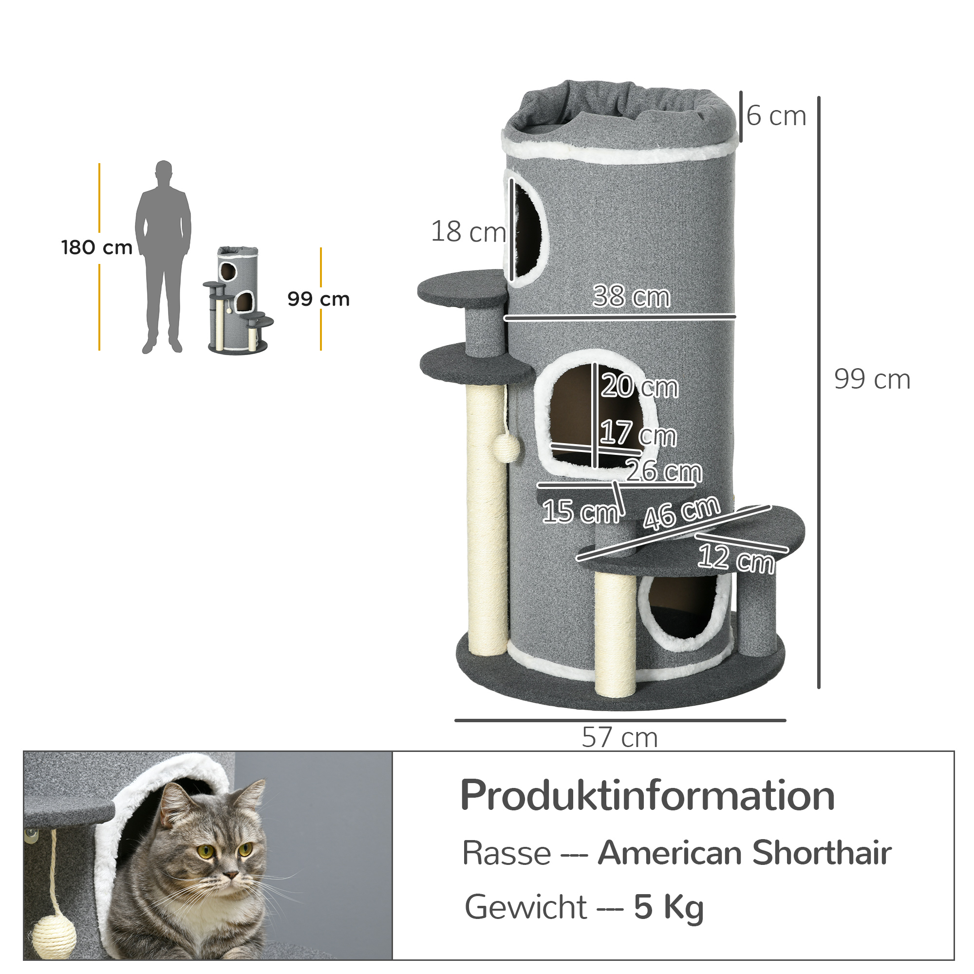 PawHut Kattenkrabpaal Krabton, 2 Kattenholen, 4 Ligplekken, 4 Krabpalen, 57 x 57 x 99 cm, Grijs + Wit