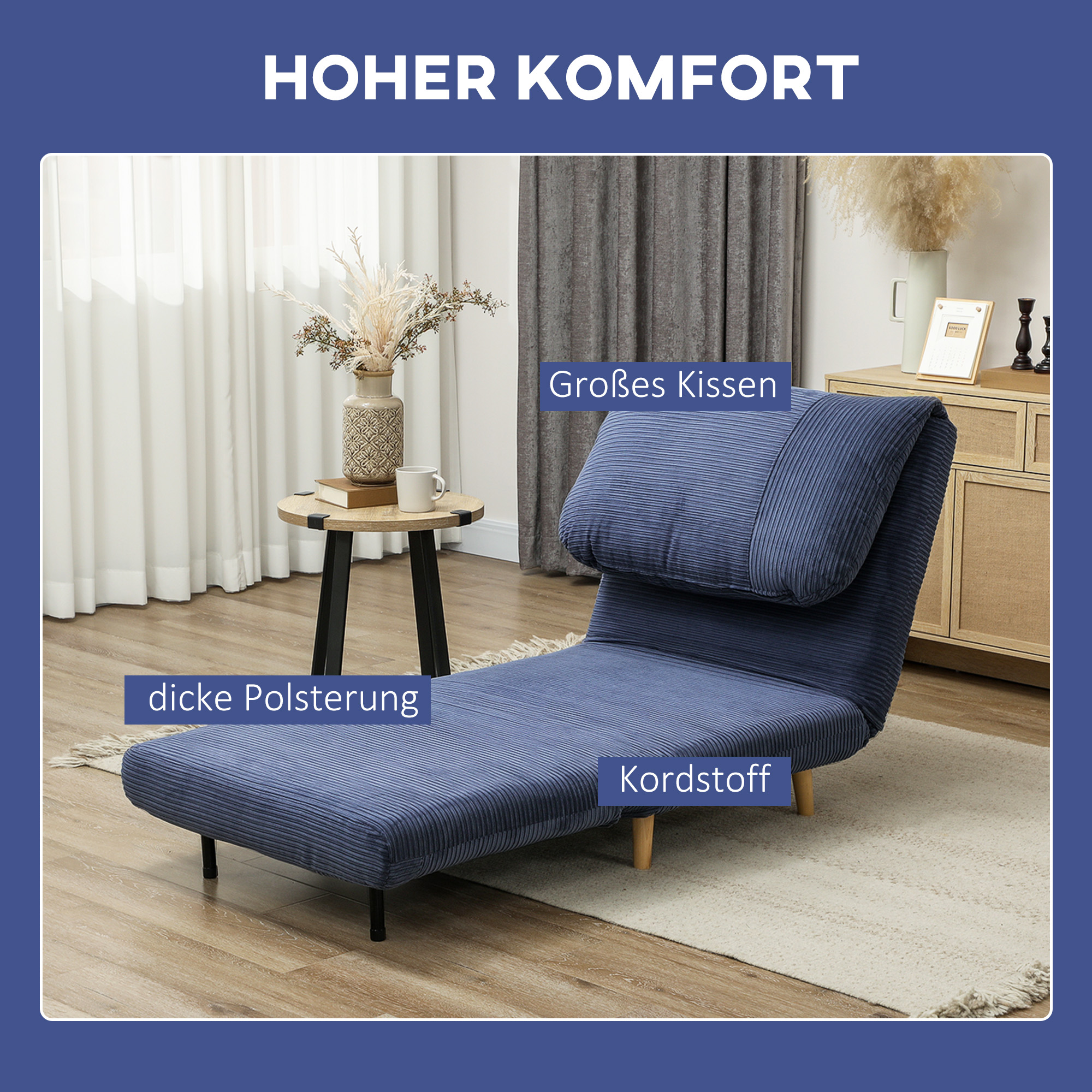 HOMCOM 2-in-1 Slaapstoel en Gastenbed met Verstelbare Hoofdsteun in Corduroy Look, 82 cm x 89 cm x 83 cm, Blauw
