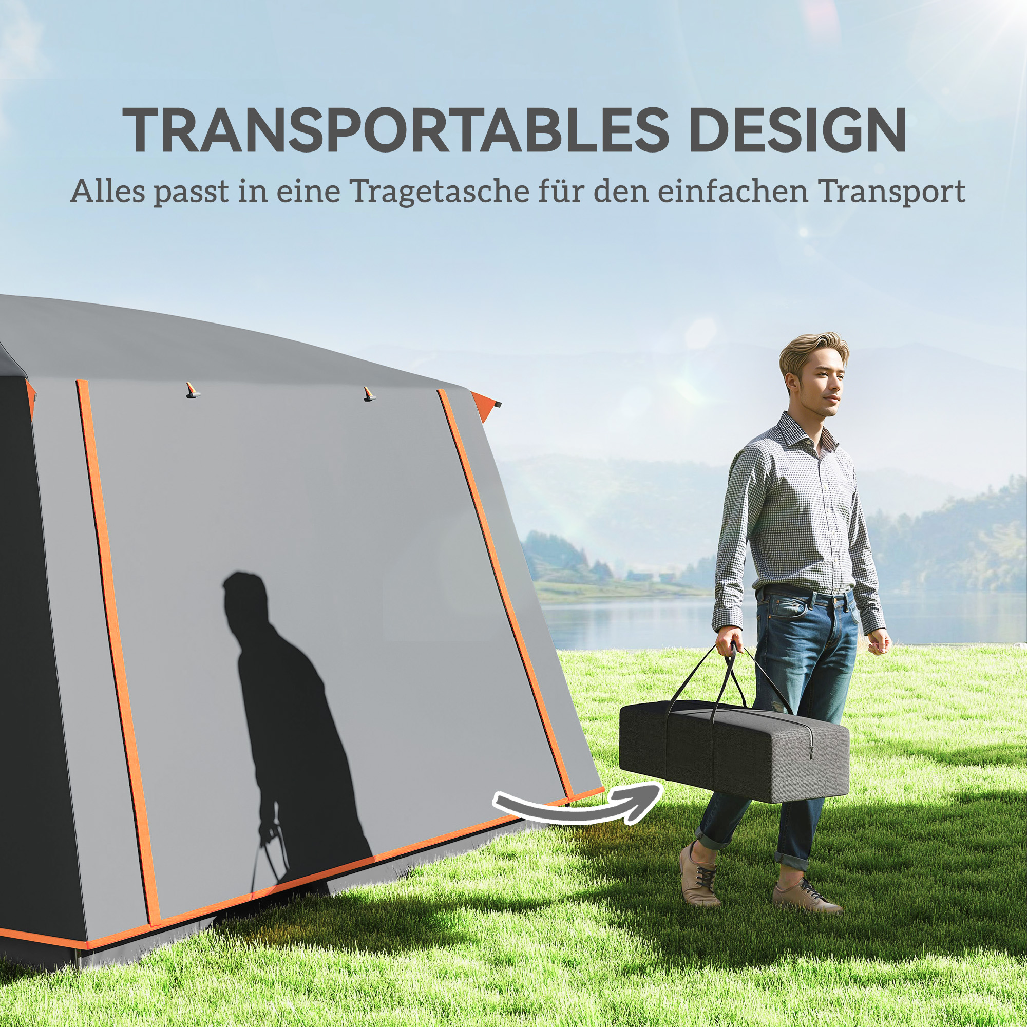 Outsunny Kampeertent voor 4-6 Personen - Waterdicht en Stevig Met Voorportaal en Grondzeil - Donkergrijs