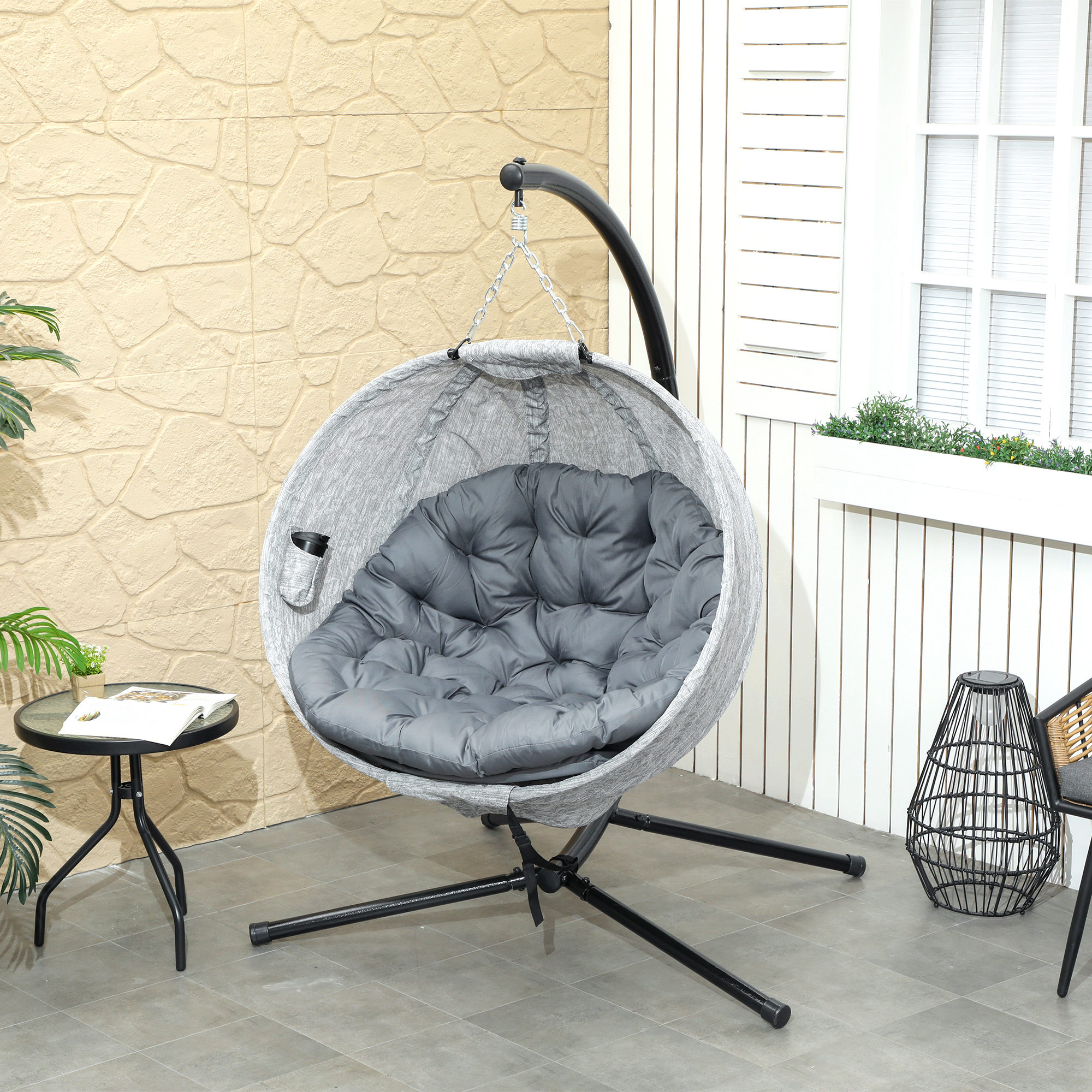Outsunny Ei-vormige Hangmand, Hangstoel met Schommelfunctie en Opvouwbare Mand, Tuinstoel, Bekerhouder, Grijs