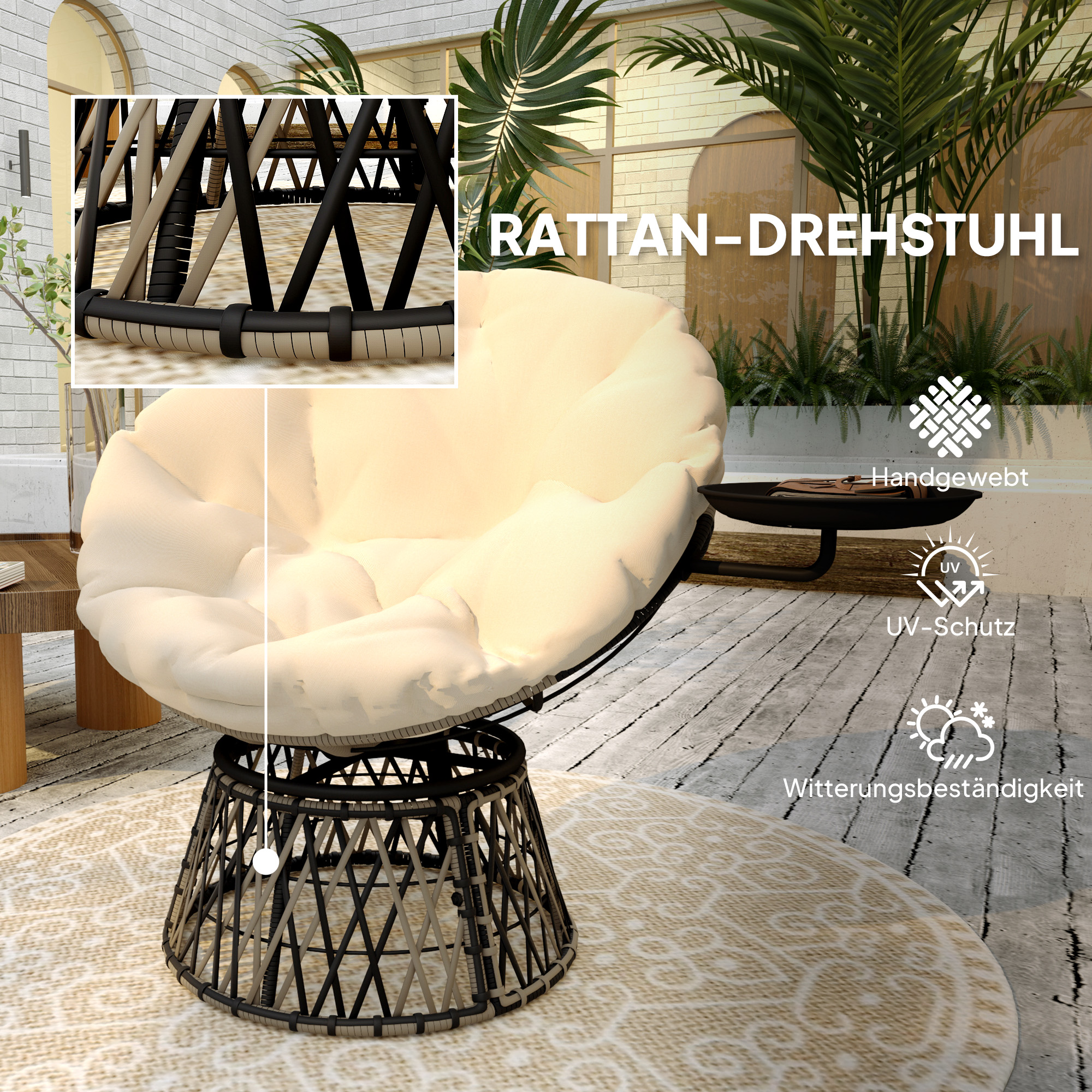 Outsunny 360° Draaibare Rattan Papasan Stoel met Kussen, Diameter 90 cm, Beige