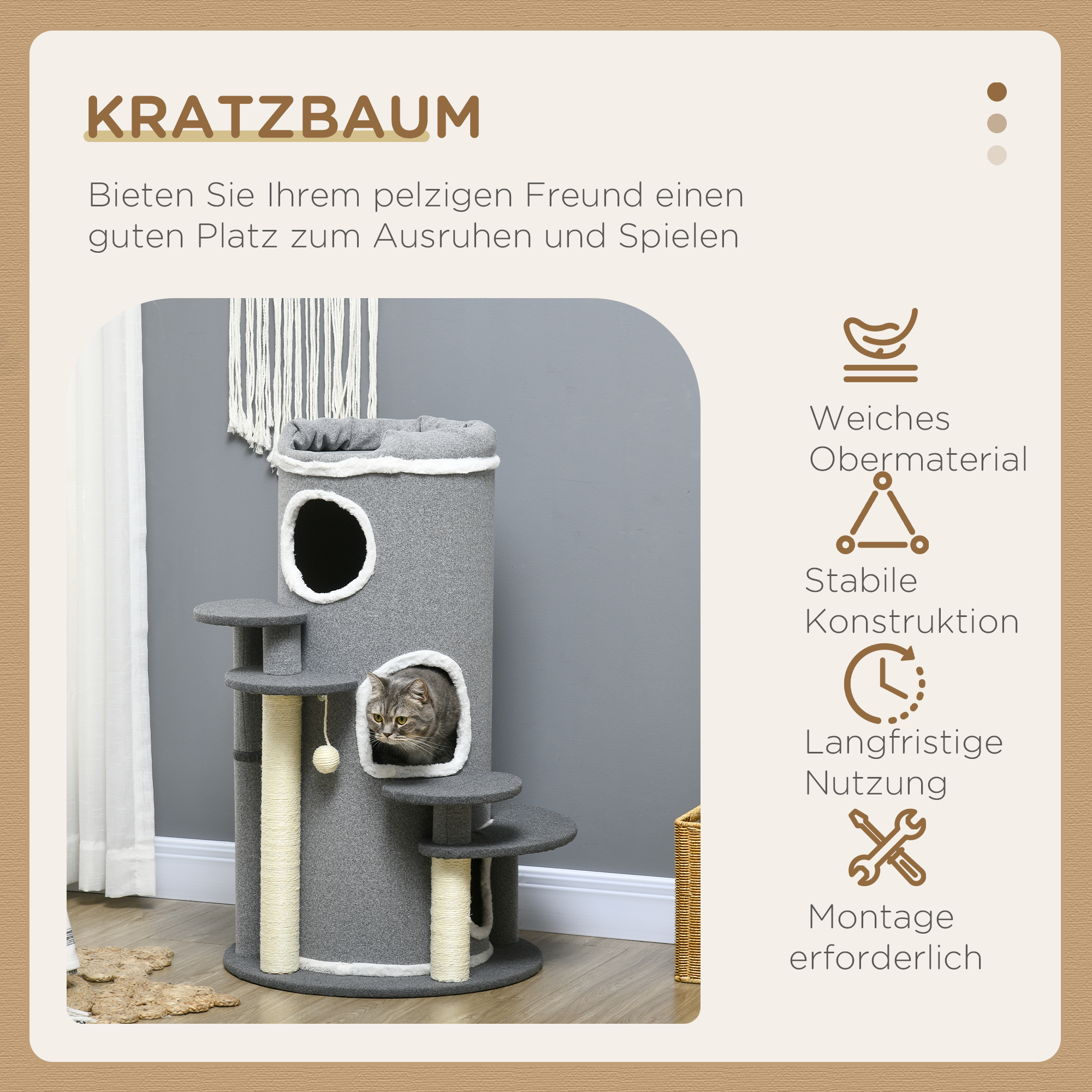 PawHut Kattenkrabpaal Krabton, 2 Kattenholen, 4 Ligplekken, 4 Krabpalen, 57 x 57 x 99 cm, Grijs + Wit