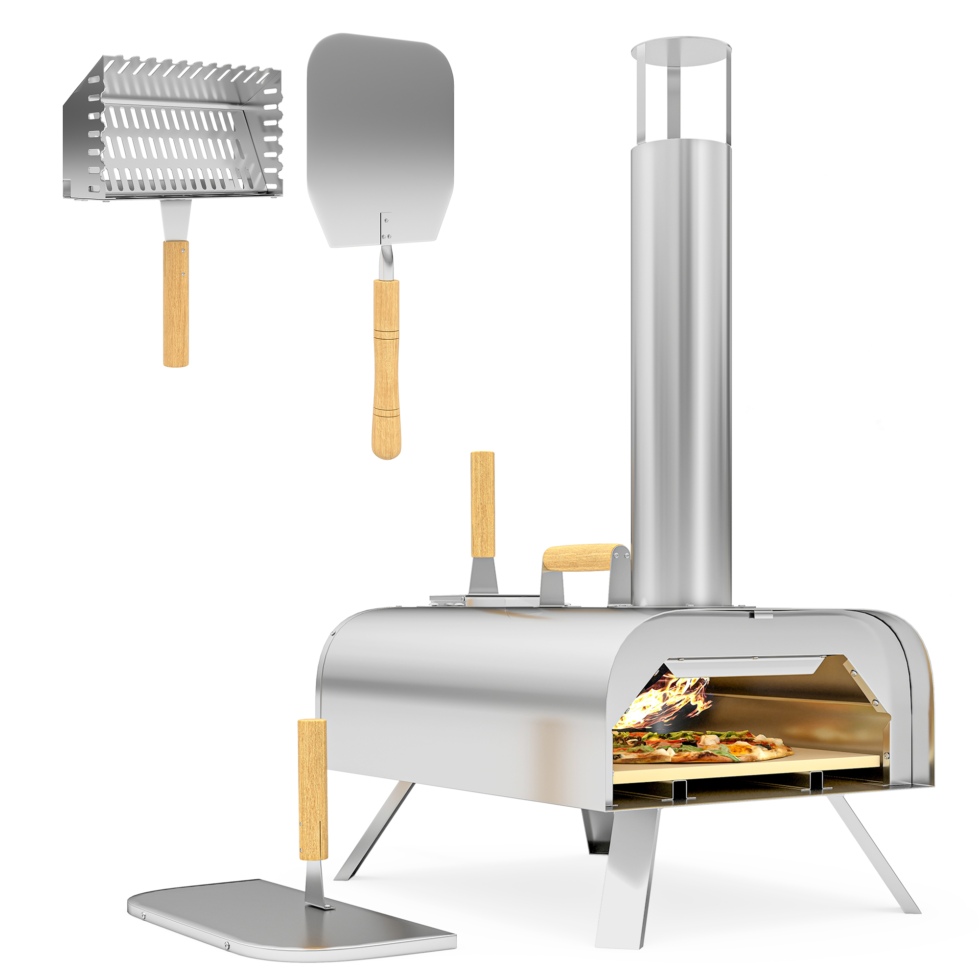Outsunny Outdoor Pizzaoven, Draagbare Pizza-Oven met Pizzasteen en Schep, Opvouwbare Poten, Schoorsteen, Roestvrijstaal