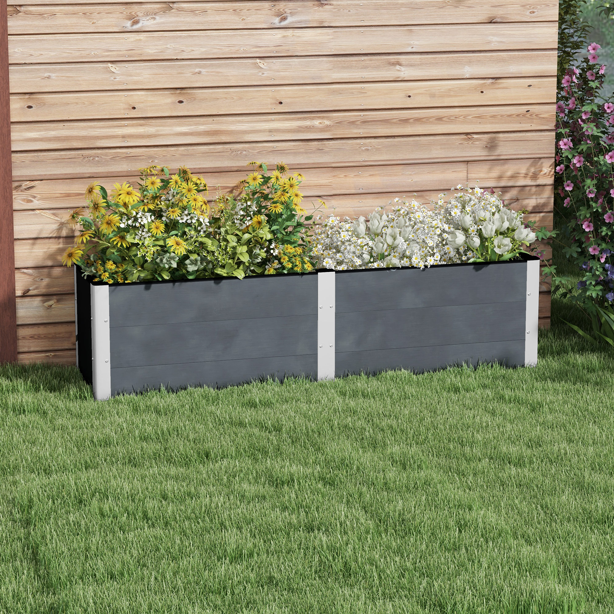 Outsunny Hoge plantenbak met open bodem, hoge zijkanten, weerbestendig, aluminium frame, 200 x 50 x 56 cm, Grijs