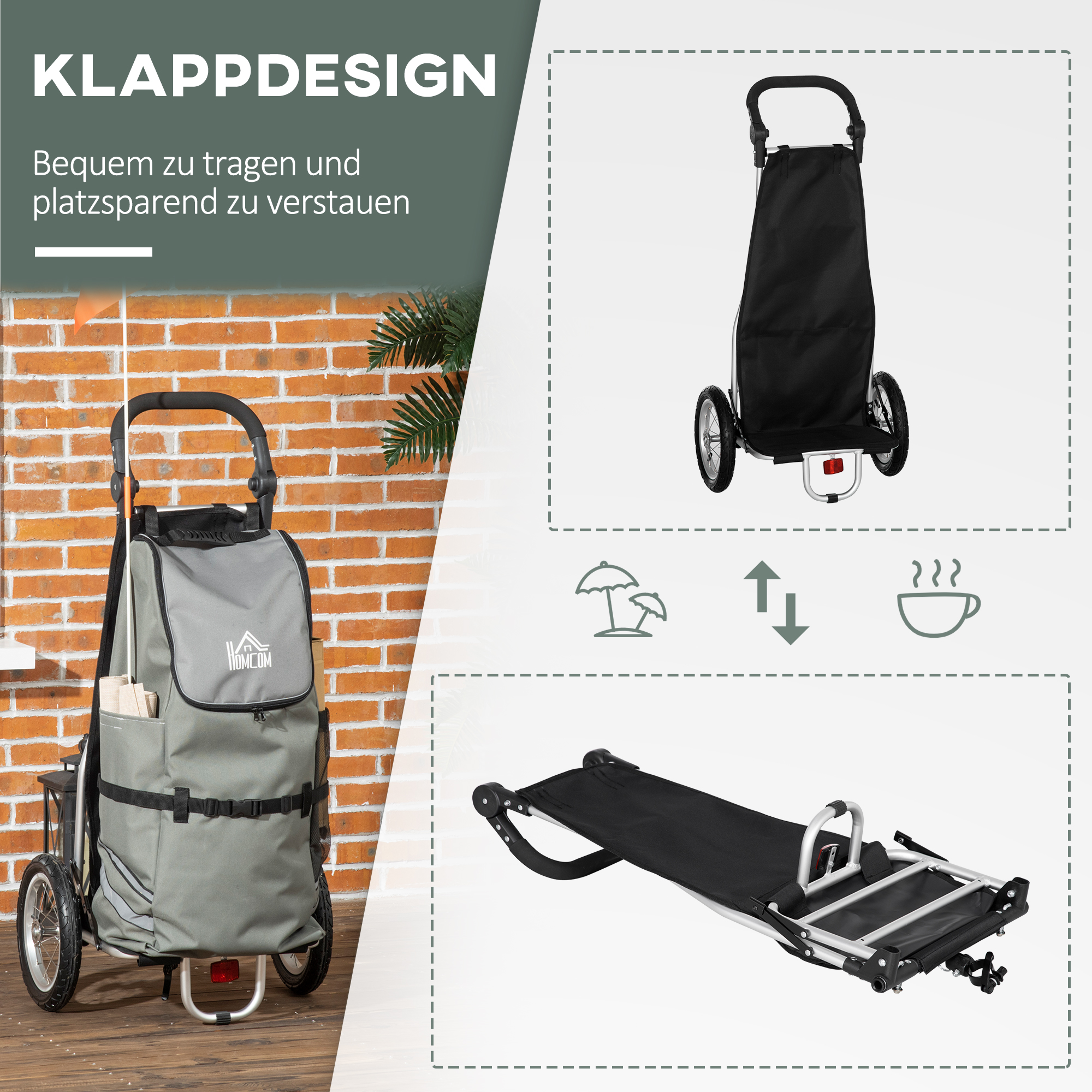 HOMCOM 3-in-1 Boodschappentrolley Winkelwagen Fietsaanhanger Steekwagen, 53 x 43 x 110cm, Grijs+Zilver