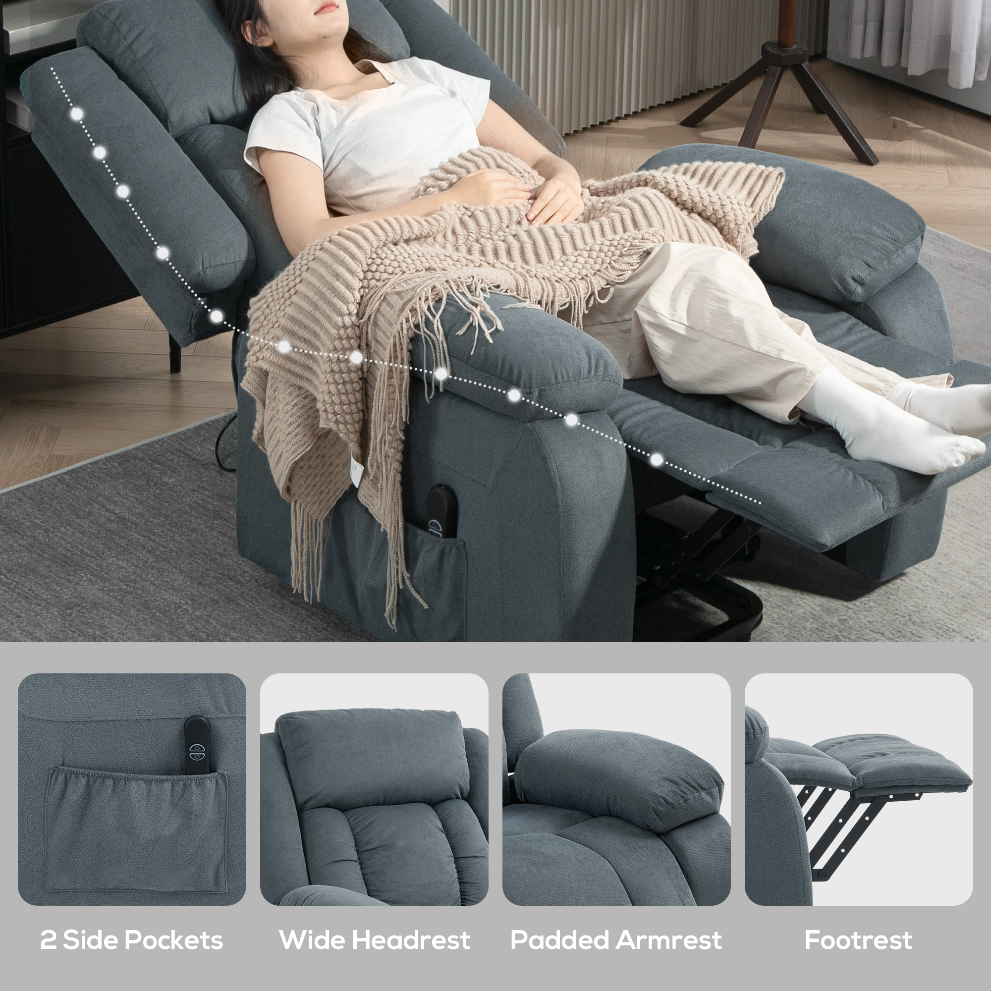HOMCOM Opstaanstoel met Zachte Bekleding, Relaxstoel met Afstandsbediening en Zijvakken, Grijs