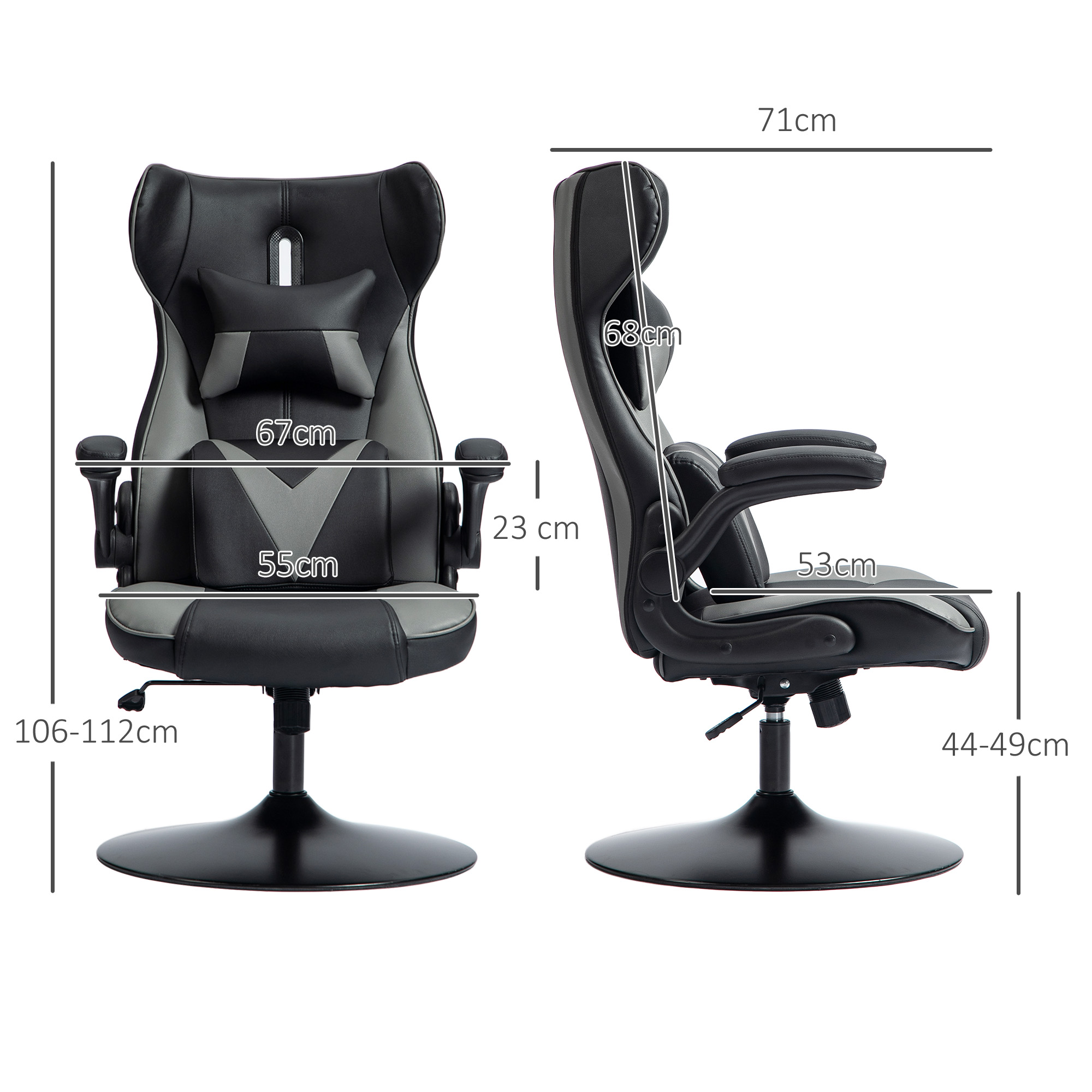 Vinsetto Gamingstoel met Schommelfunctie, Draaibaar, Hoogte Verstelbaar, Gepolsterde Zitting, Metaal, 67 x 71 x 112 cm, Grijs