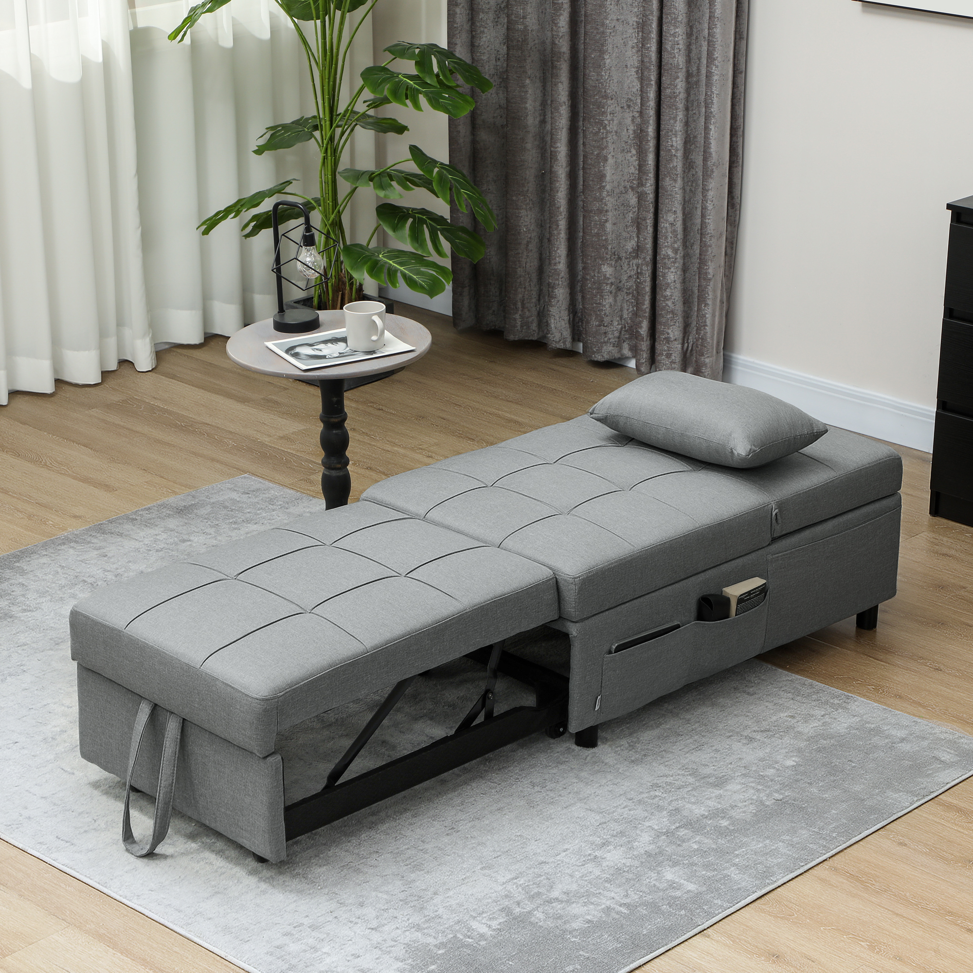 HOMCOM 3-in-1 Opklapbare Fauteuil met Zijvak, Gastenbed met Kussen, Verstelbare Rugleuning, Slaapstoel met Wielen, Lichtgrijs
