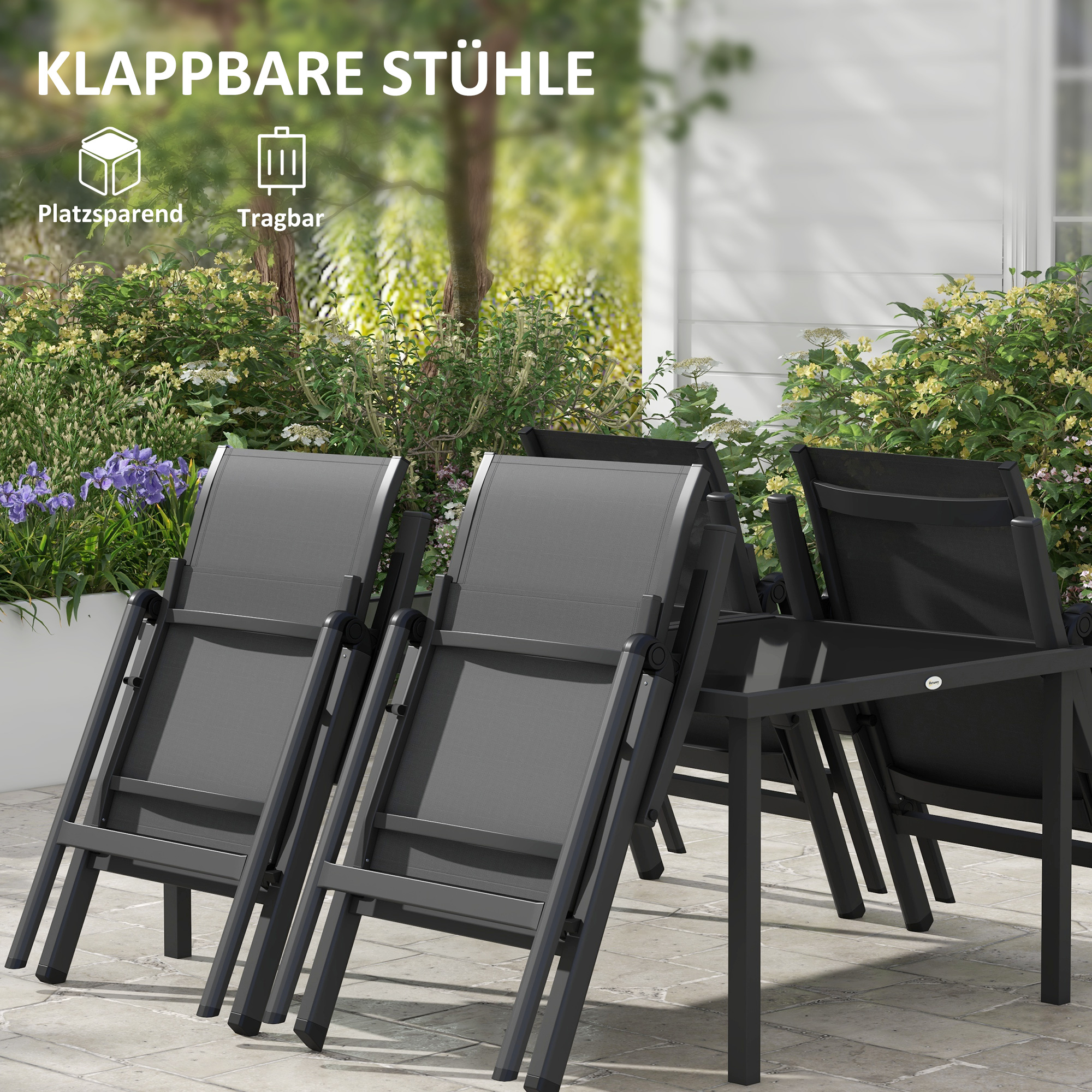 Outsunny Tuinset voor buiten, 4 inklapbare stoelen, tafel met glazen blad, verstelbare rugleuning, aluminium, donkergrijs