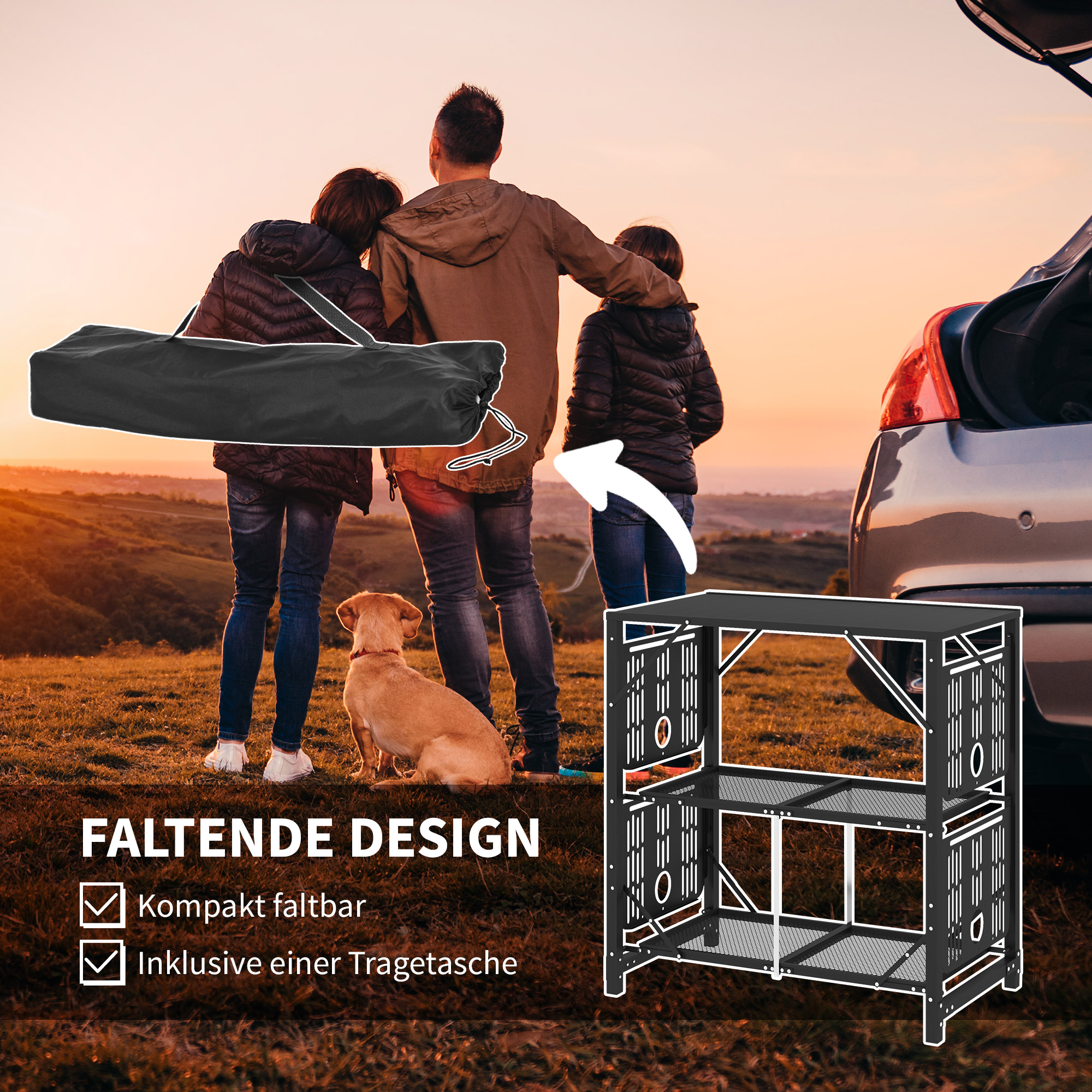 Outsunny Campingtafel Picknicktafel Buitenkeukenkast, Opvouwbaar, Weerbestendig, 126 cm x 44 cm x 80 cm, Zwart