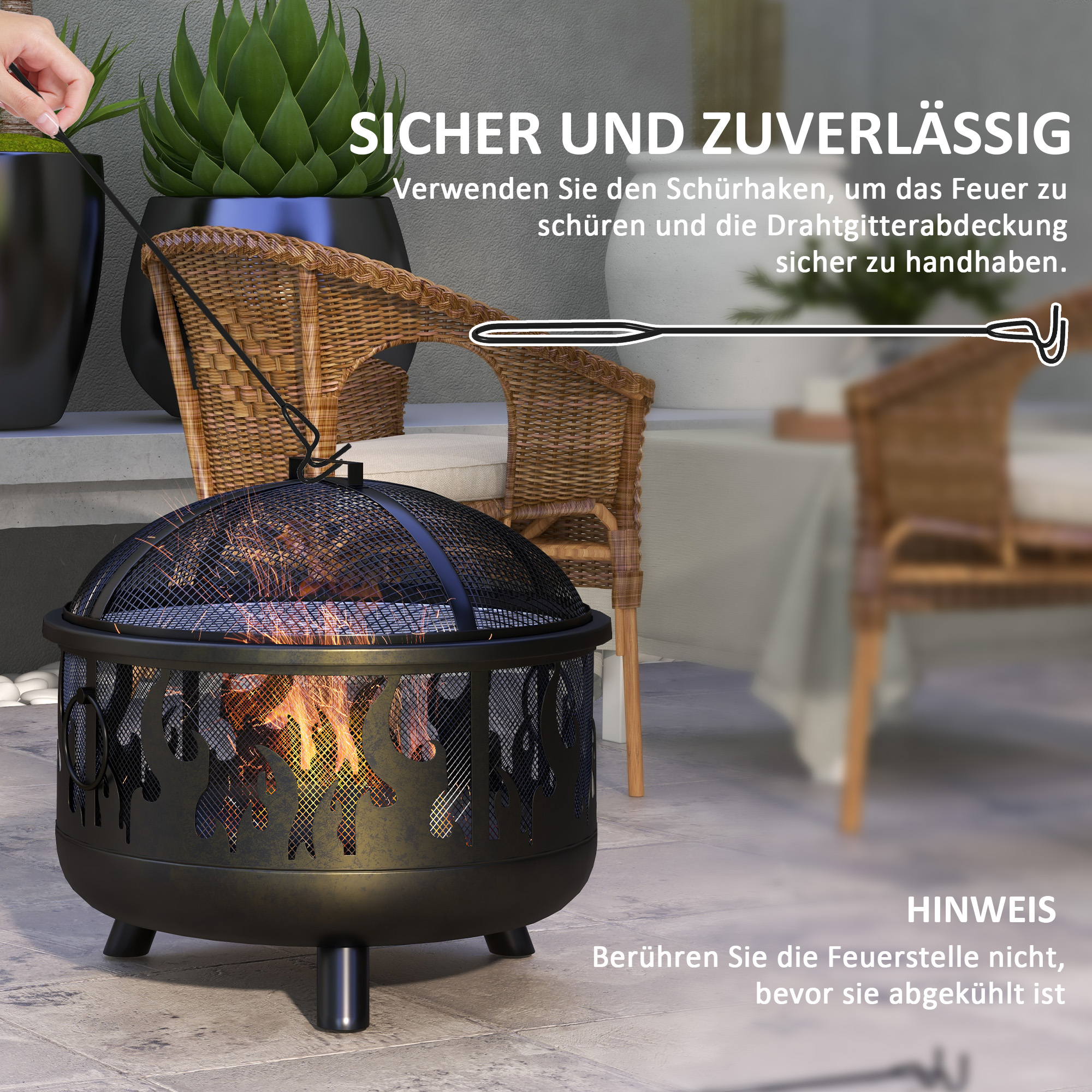 Outsunny Vuurkorf Vuurplaats, inclusief vonkbescherming, 1 pook, Ø61,5 cm x 52 cm, Zwart