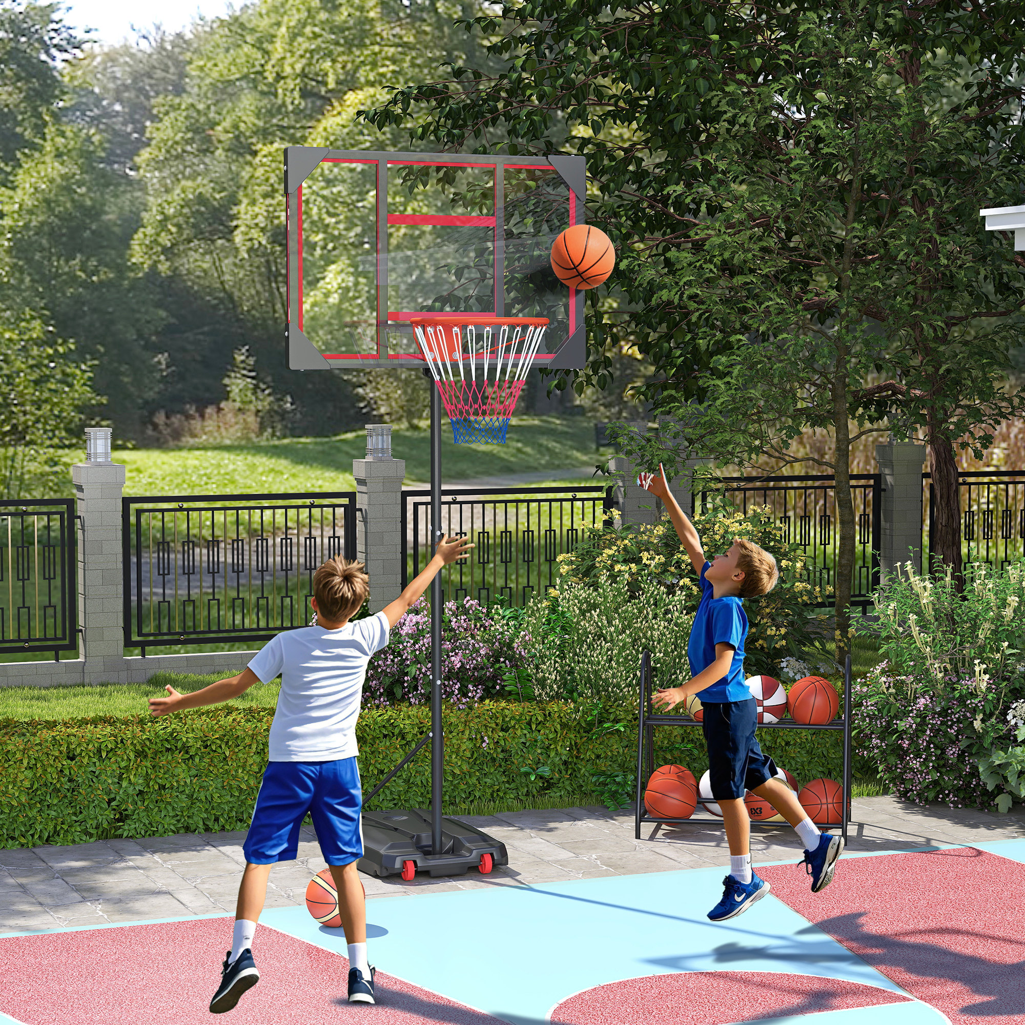 AIYAPLAY Kinderbasketbalring, buiten, voor kinderen, 210-260 cm in hoogte verstelbaar, met wielen, vanaf 6 jaar, Rood