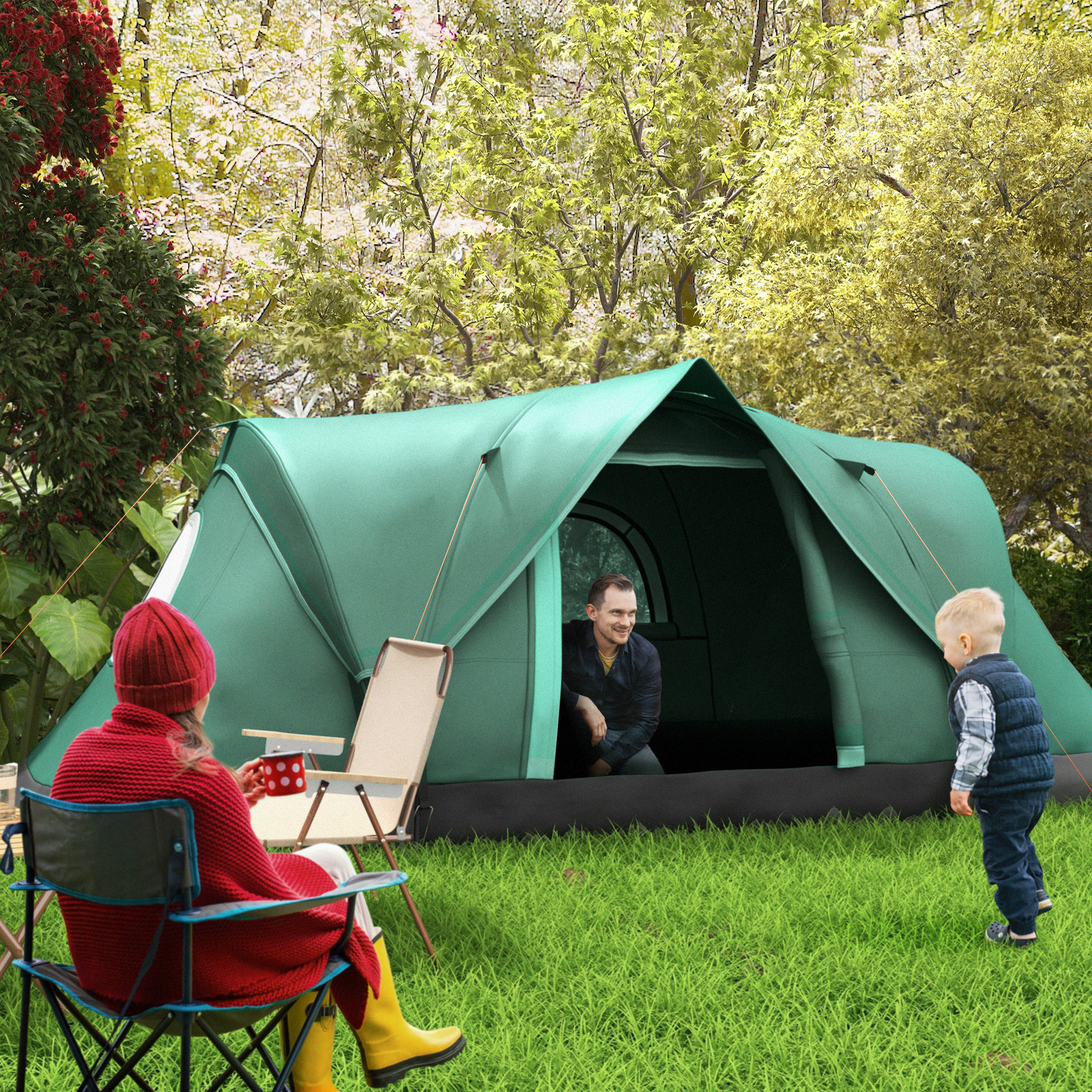 Outsunny Familietent voor 5-6 personen, met lampenhaak, zijvakken, 4,55x2,3x1,8m, Groen/Zwart