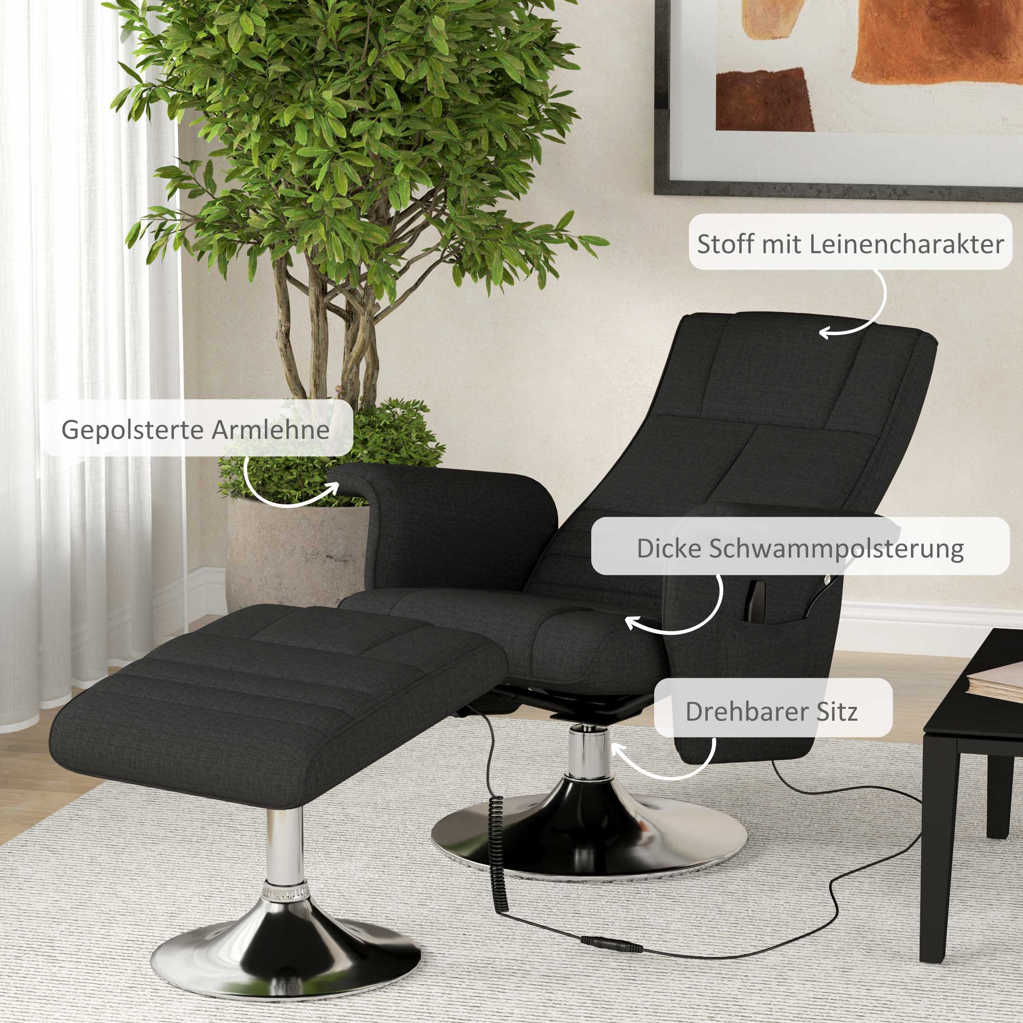 HOMCOM Massagesessel met Kruk, Kantelbare Rugleuning, 78 x 95 x 88 cm, Zwart