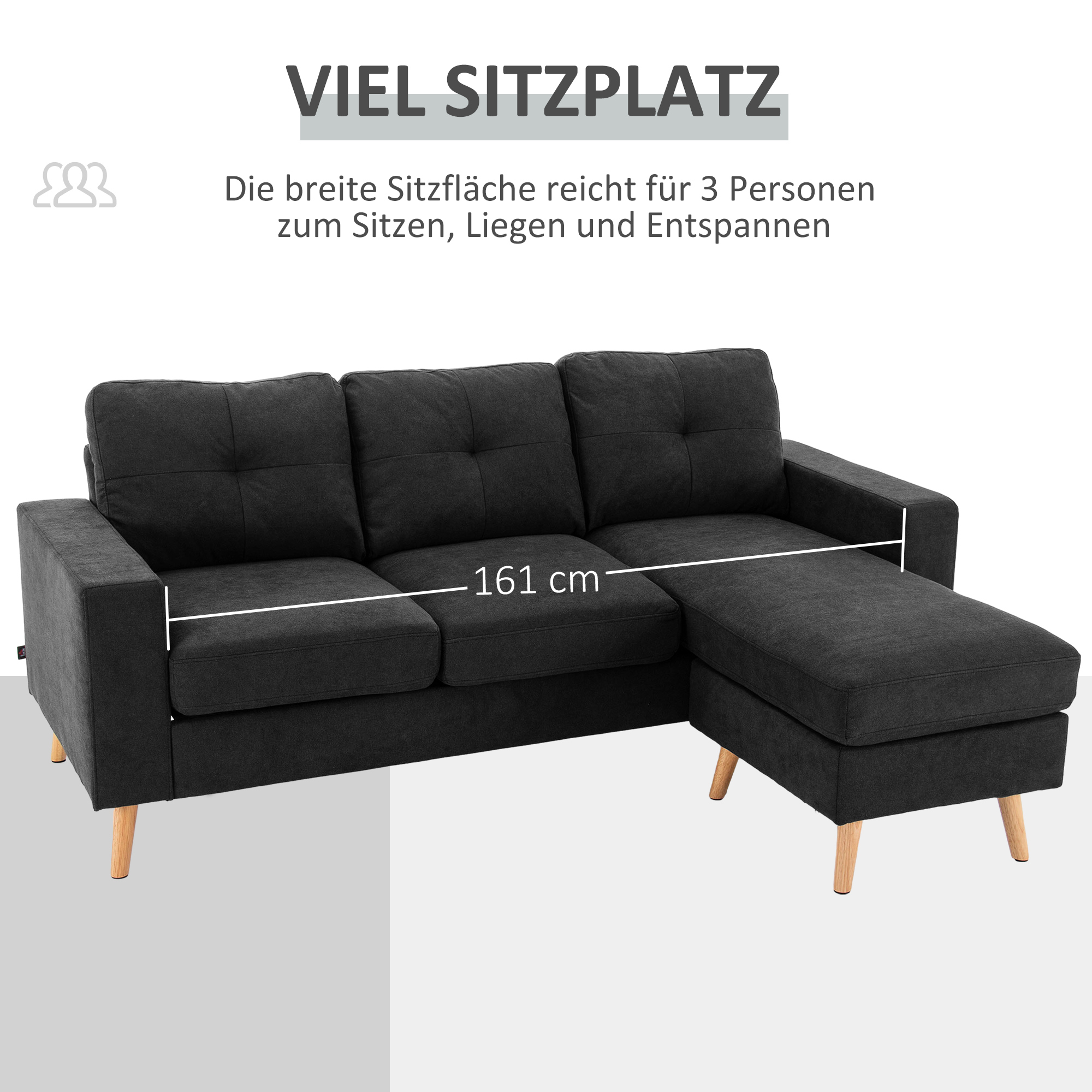 HOMCOM 3-zits hoekbank, linnenlook, omkeerbare chaise longue, 193x136x85 cm, zwart