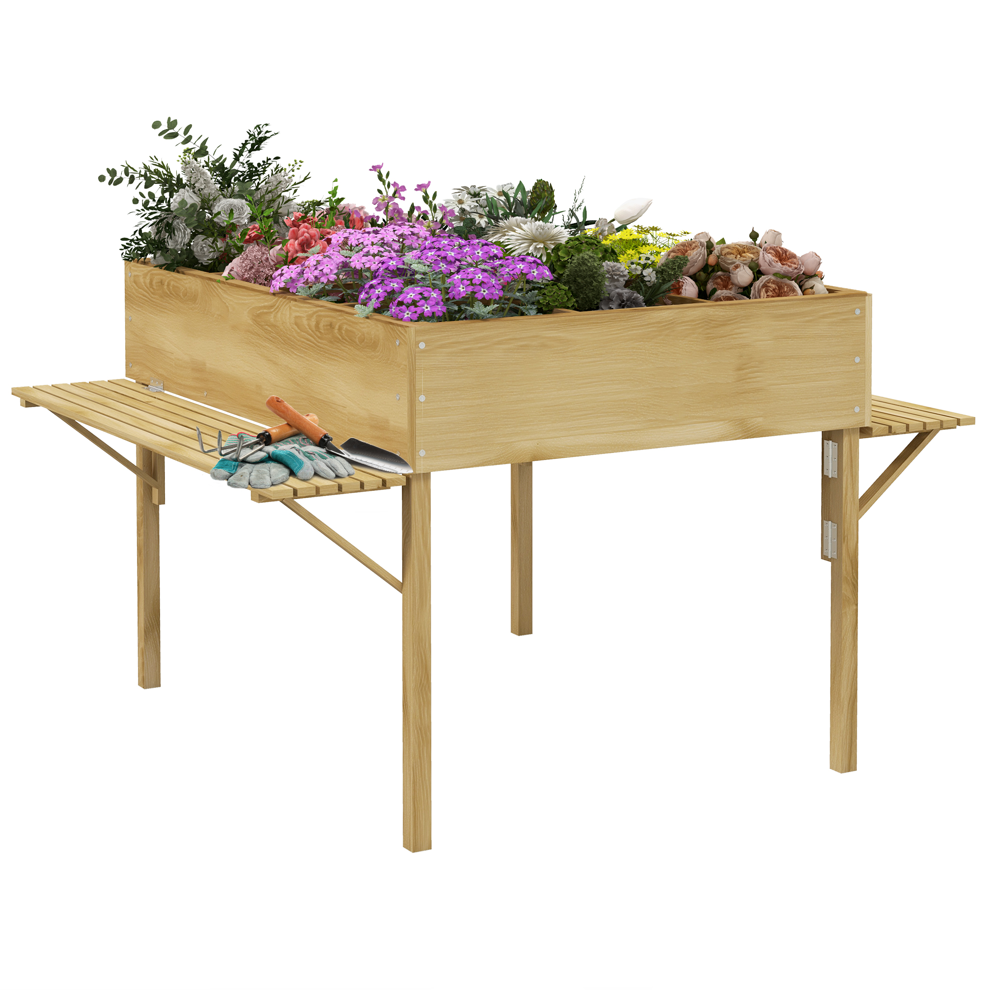 Outsunny Houten verhoogde plantenbak met 12 scheidingsroosters, inklapbare zijplanken, weerbestendig, sparrenhout, 122 x 91,5 x 89 cm