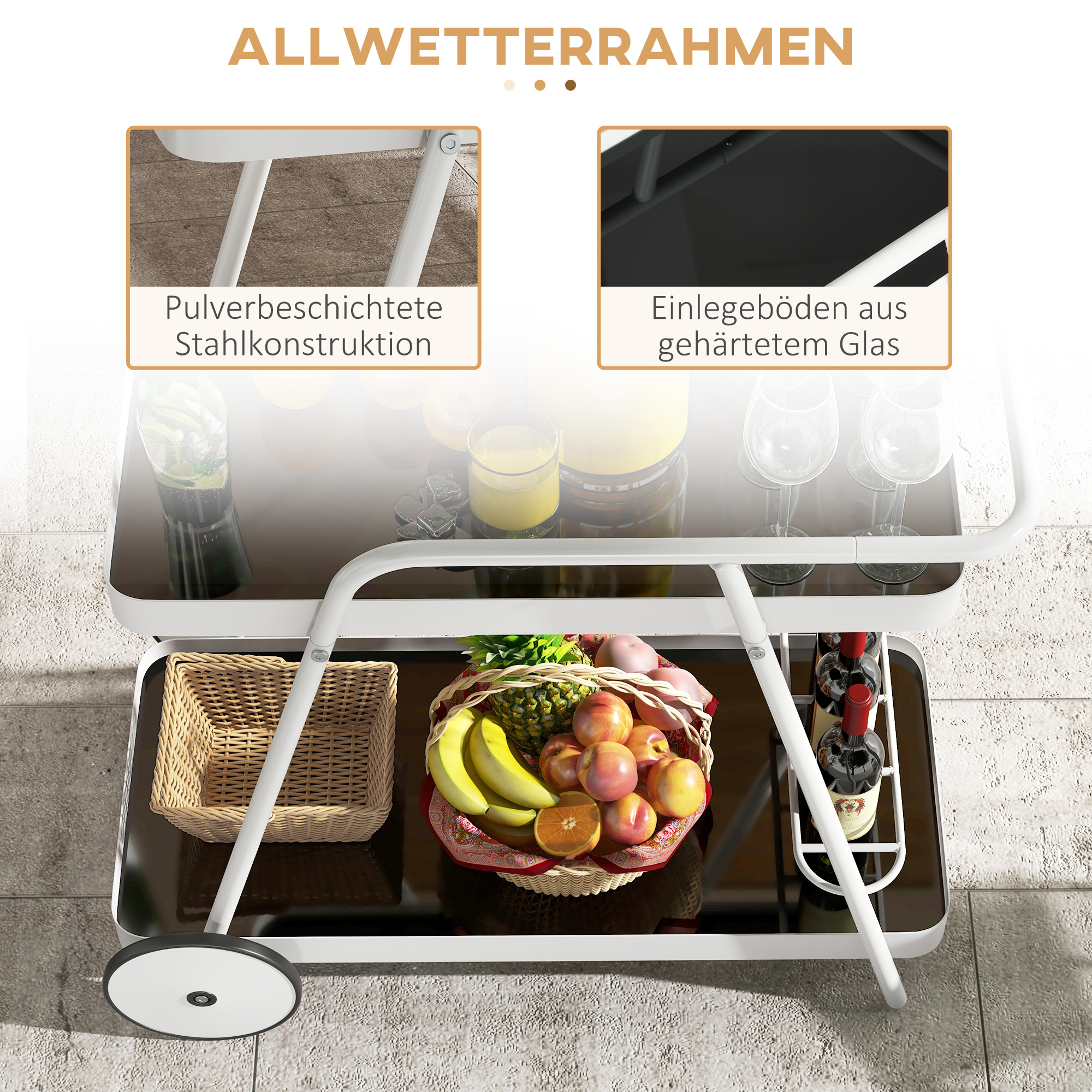 Outsunny Buitenserveerwagen, 2-laags, wijnrek, stalen frame, 86,5 x 51 x 78 cm, Zwart/Wit