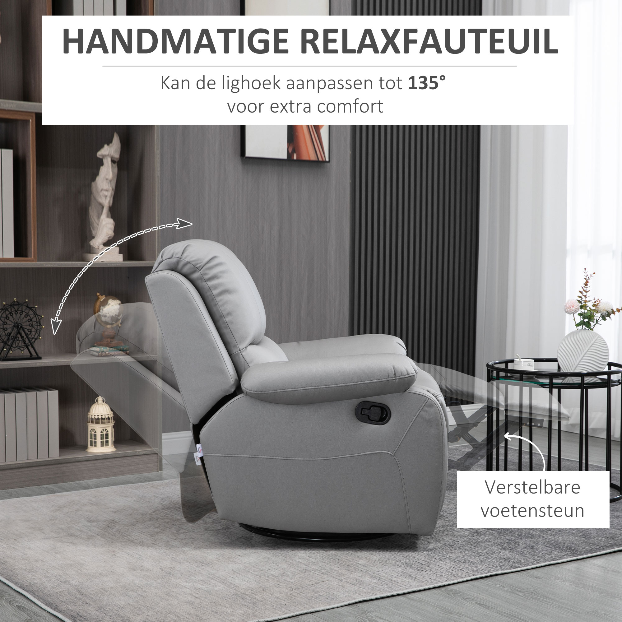HOMCOM relaxfauteuil, verstelbare rugleuning, draaibaar, tuimelfunctie, met voetsteun, staal, grijs, 93 x 100 x 98 Hcm