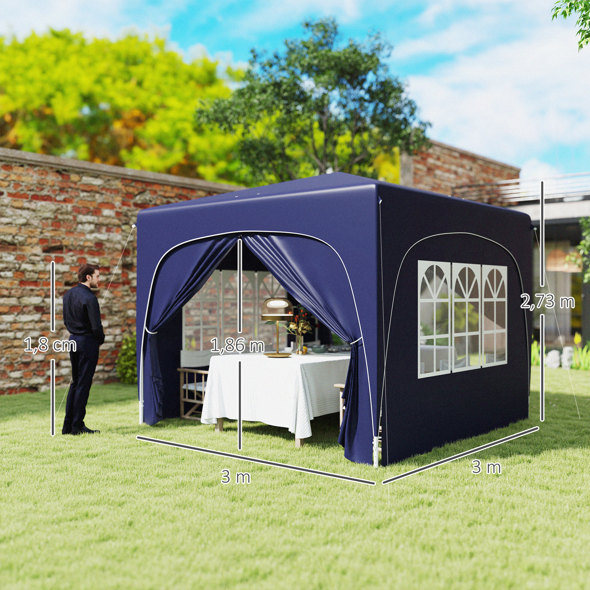 Outsunny 3 x 3 m Paviljoen, Pop-up Tuinpaviljoen met Zijwanden en Draagtas, UPF50+, Hoogteverstelbaar, Donkerblauw