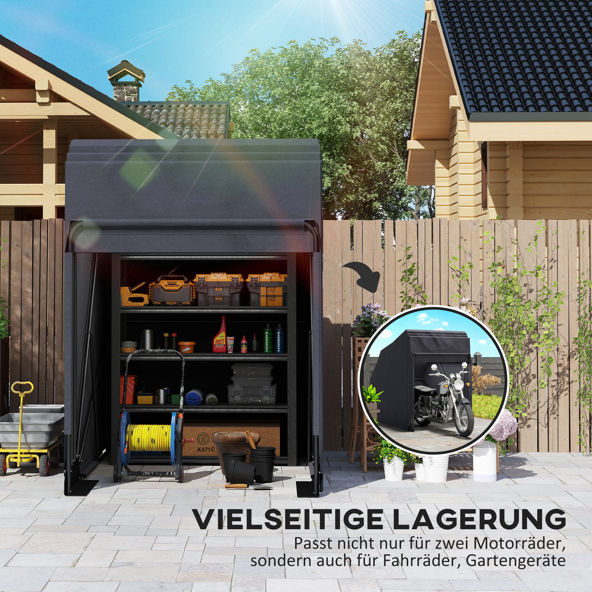 Outsunny Motorhoes Inklapbaar Outdoor Motorafdekking Waterdicht Winterbestendig XXL 345cmx135cmx191cm Zwart