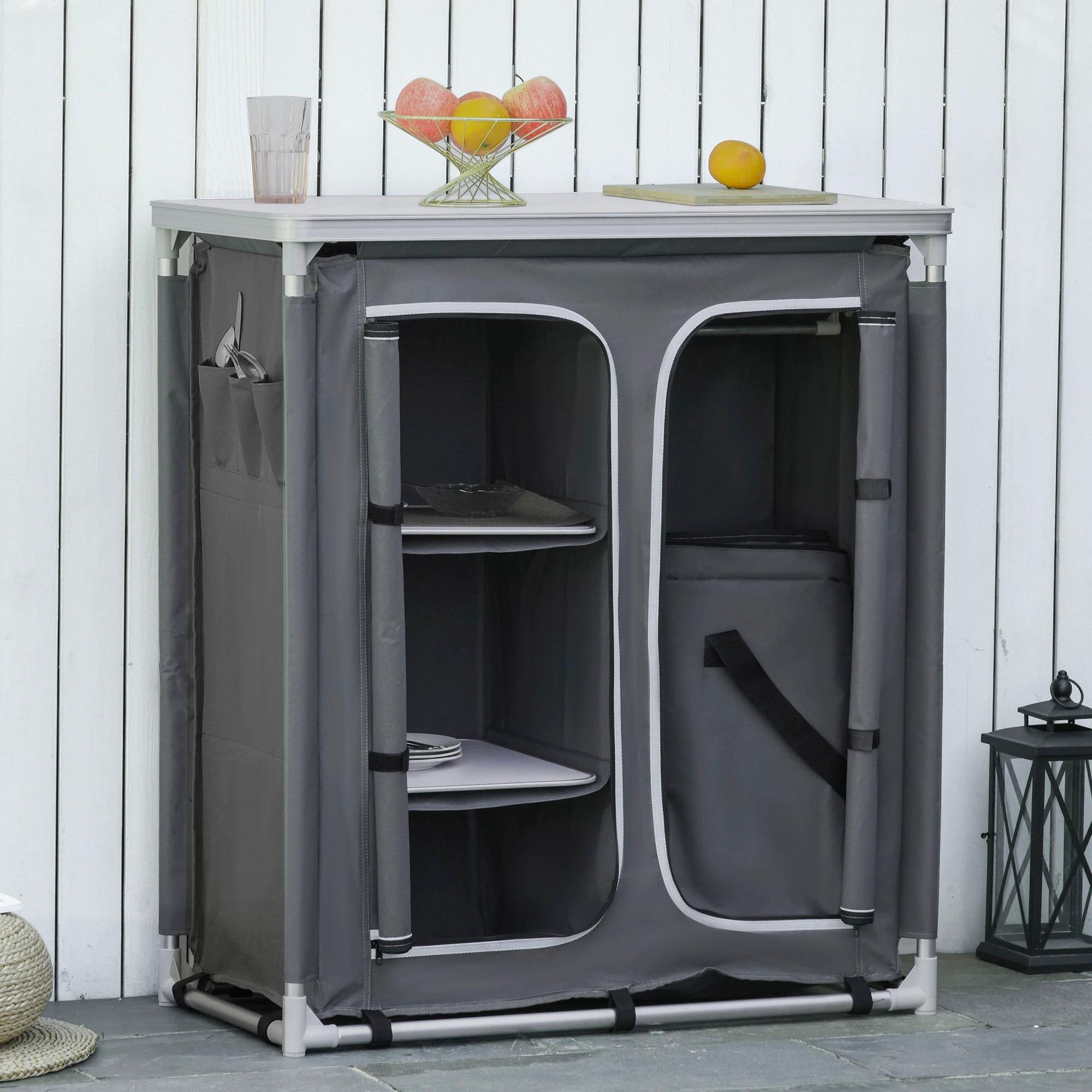 Outsunny Campingkast inklapbaar keukenbox draagbaar met 3 planken 1 kast grijs