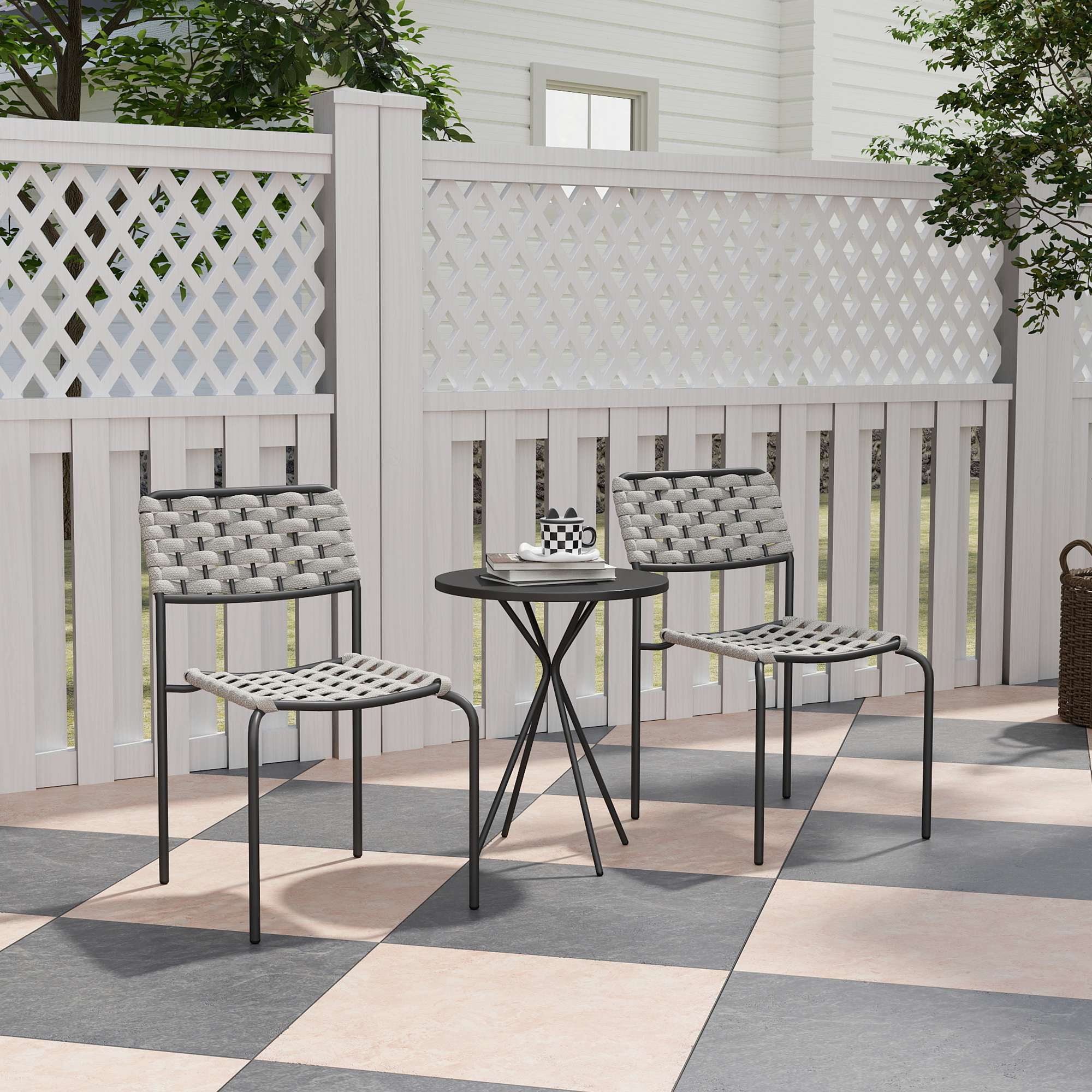 Outsunny Polyrattan Tuinmeubelset, Outdoor Lounge Balkonmeubel voor 2, 3-Delig 2 Stoelen, Tafel Grijs
