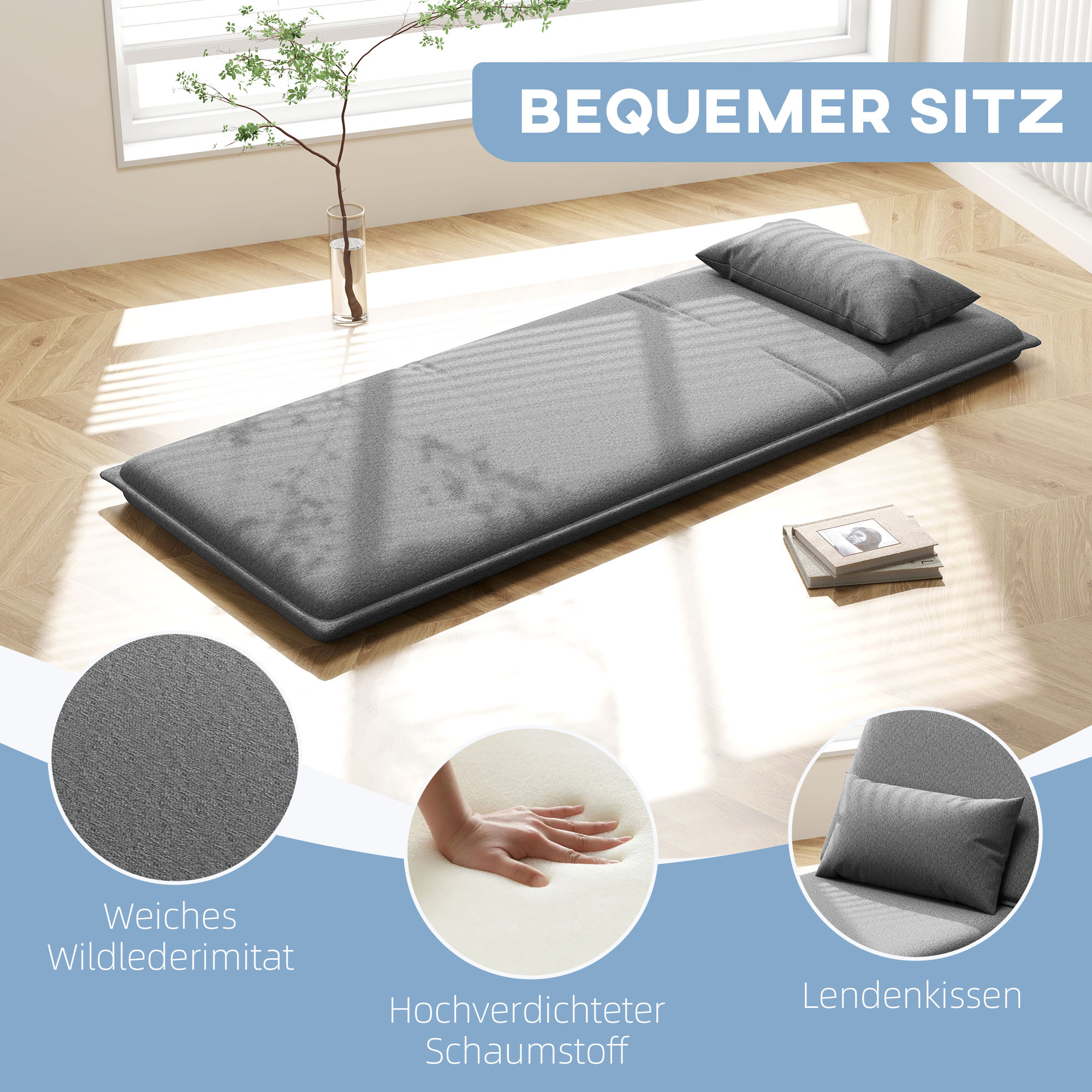 HOMCOM Vloerstoel, 3-in-1 Ontwerp, Verstelbare Vloerstoel, Chaise Longue voor Woonkamer, Slaapkamer, Gastenkamer, Kantoor, Grijs