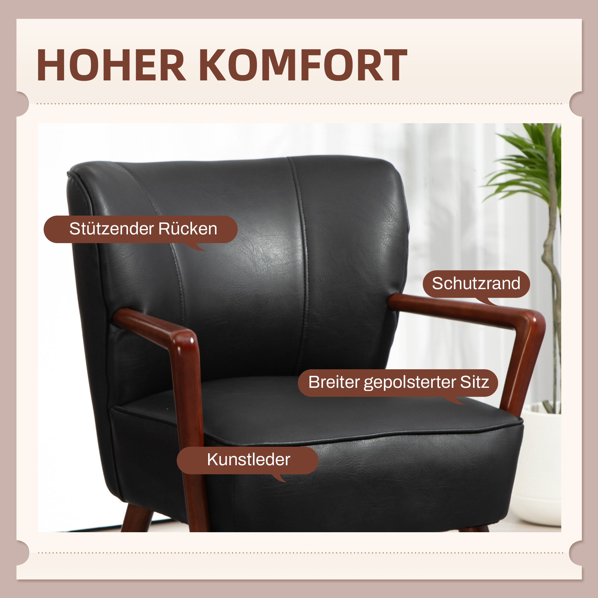 HOMCOM Accentstoel, Brede Zitting, Lederlook, Houten Frame, tot 120 kg, 67x77x80 cm, Zwart