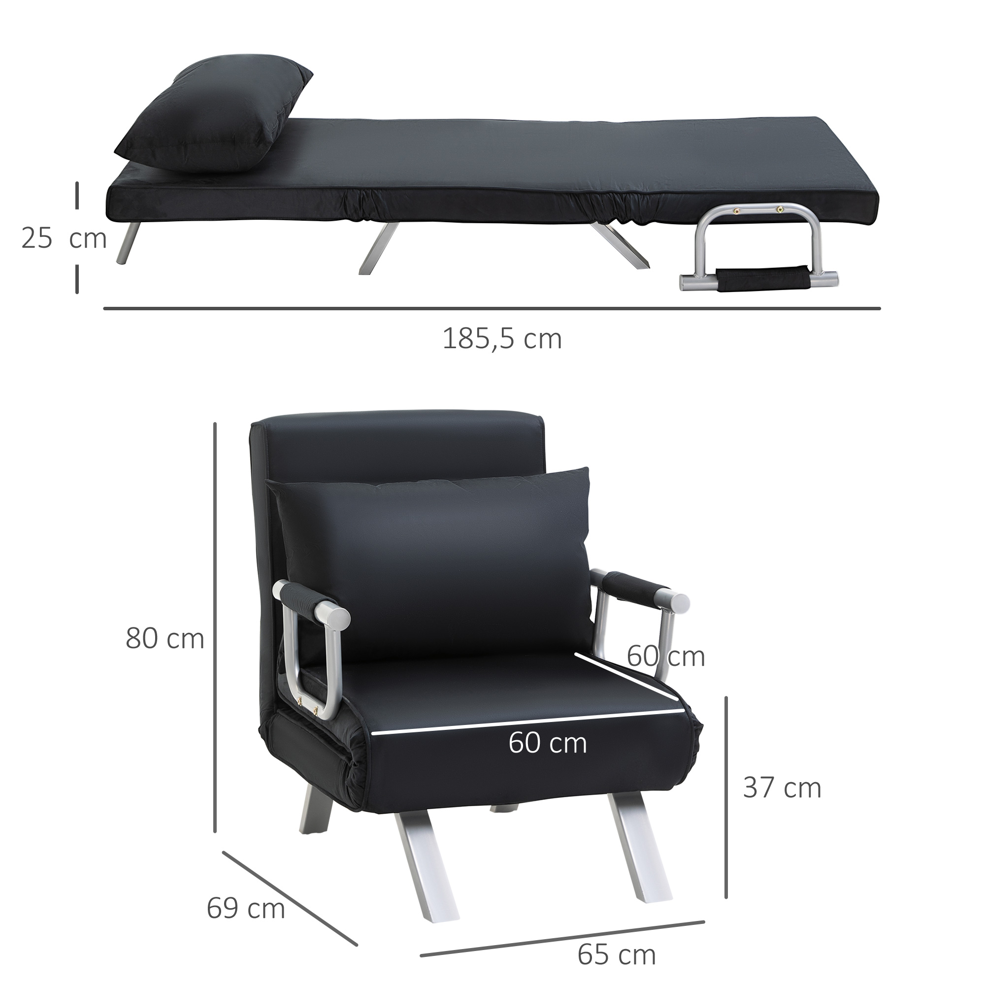 HOMCOM 3-in-1 slaapbank, logeerbed, fauteuil inclusief kussens, zwart