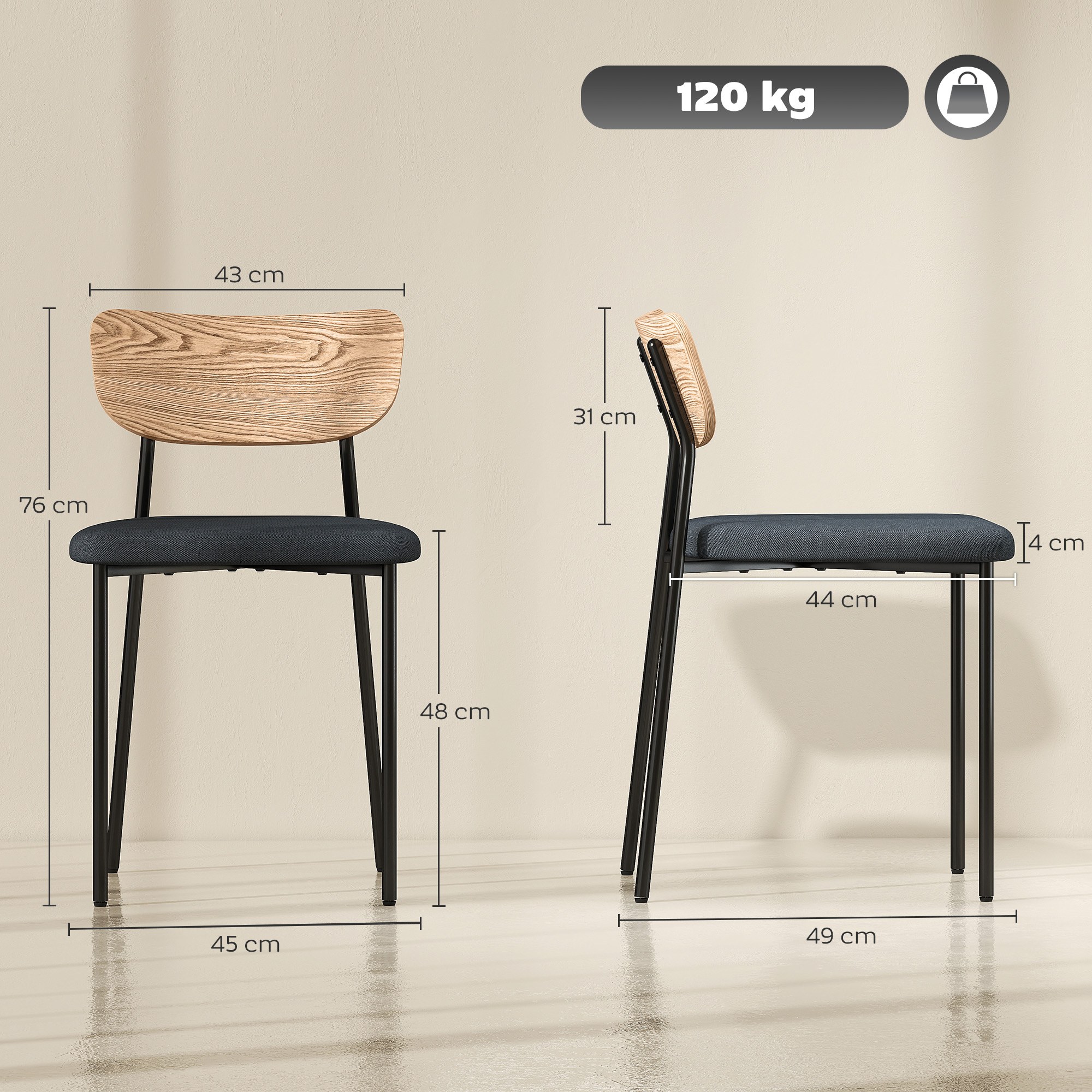 HOMCOM Set van 2 eetkamerstoelen in linnen-look, armloos ontwerp, metalen poten, Grijs