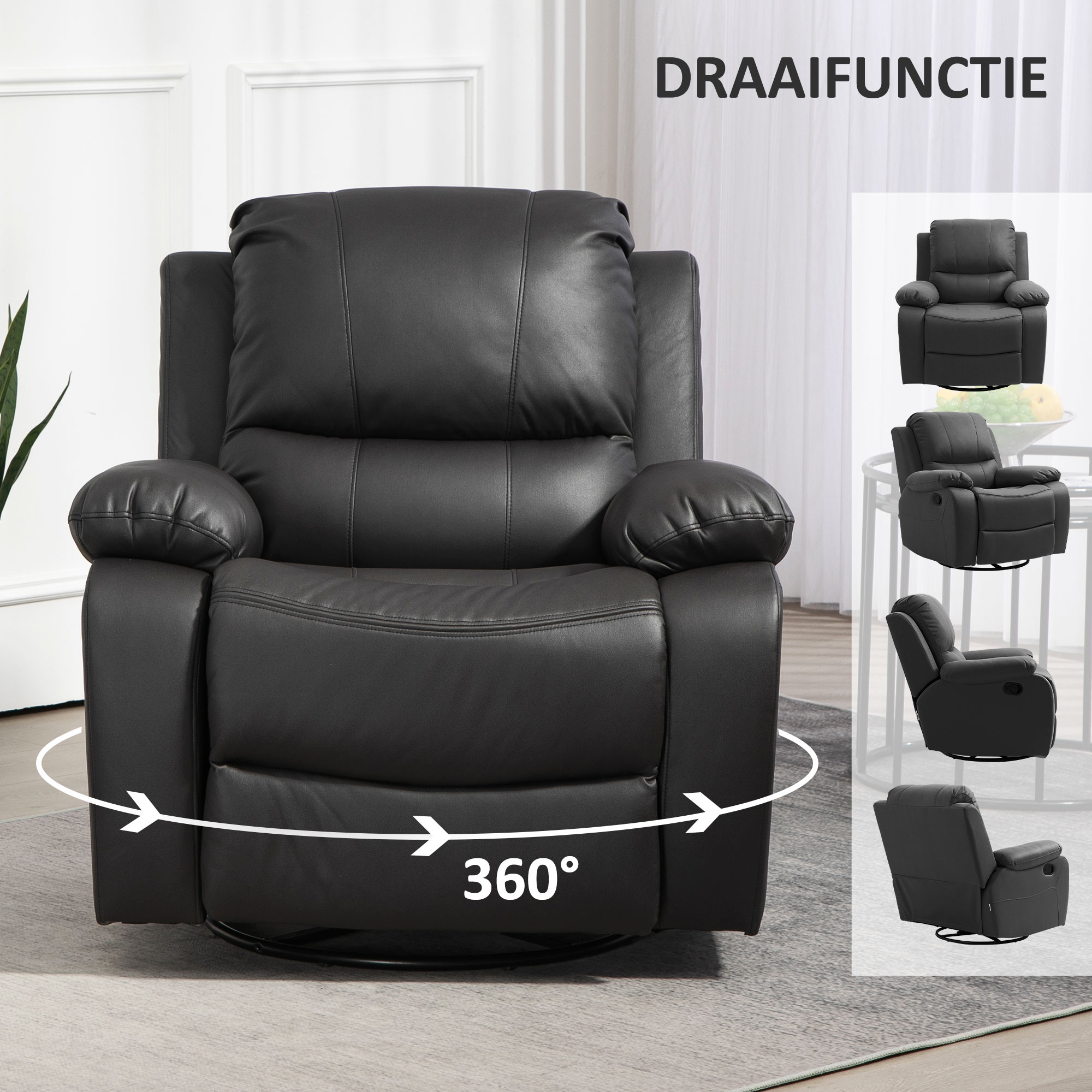 HOMCOM Relaxstoel, Verstelbare Leuning & Voetsteun, Draaibaar, tot 150 kg, Stalen Frame, 93x100x98cm, Zwart