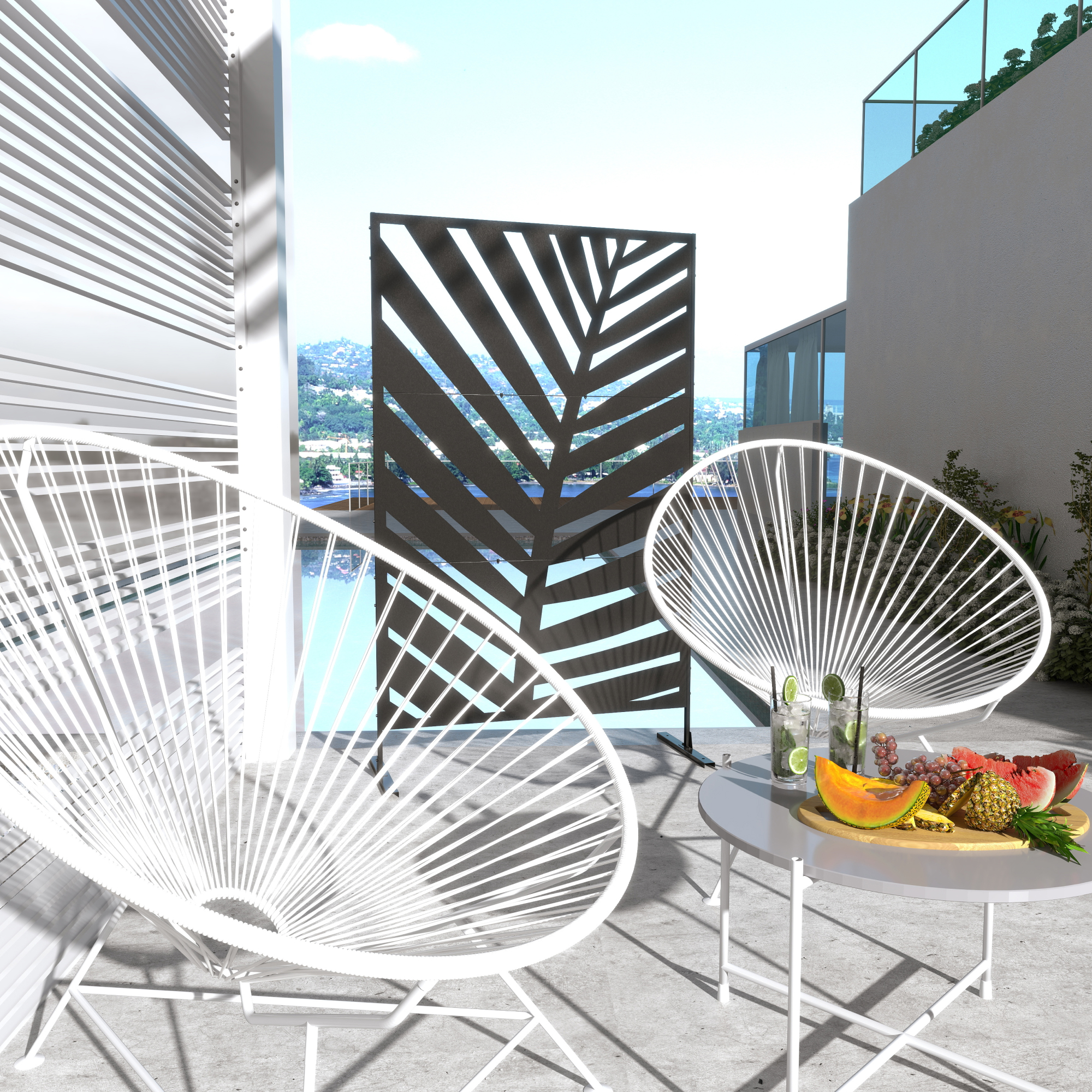 Outsunny Buitenscherm Privacy Stalen Frame Palmblad Silhouet 120x198 cm, Zwart