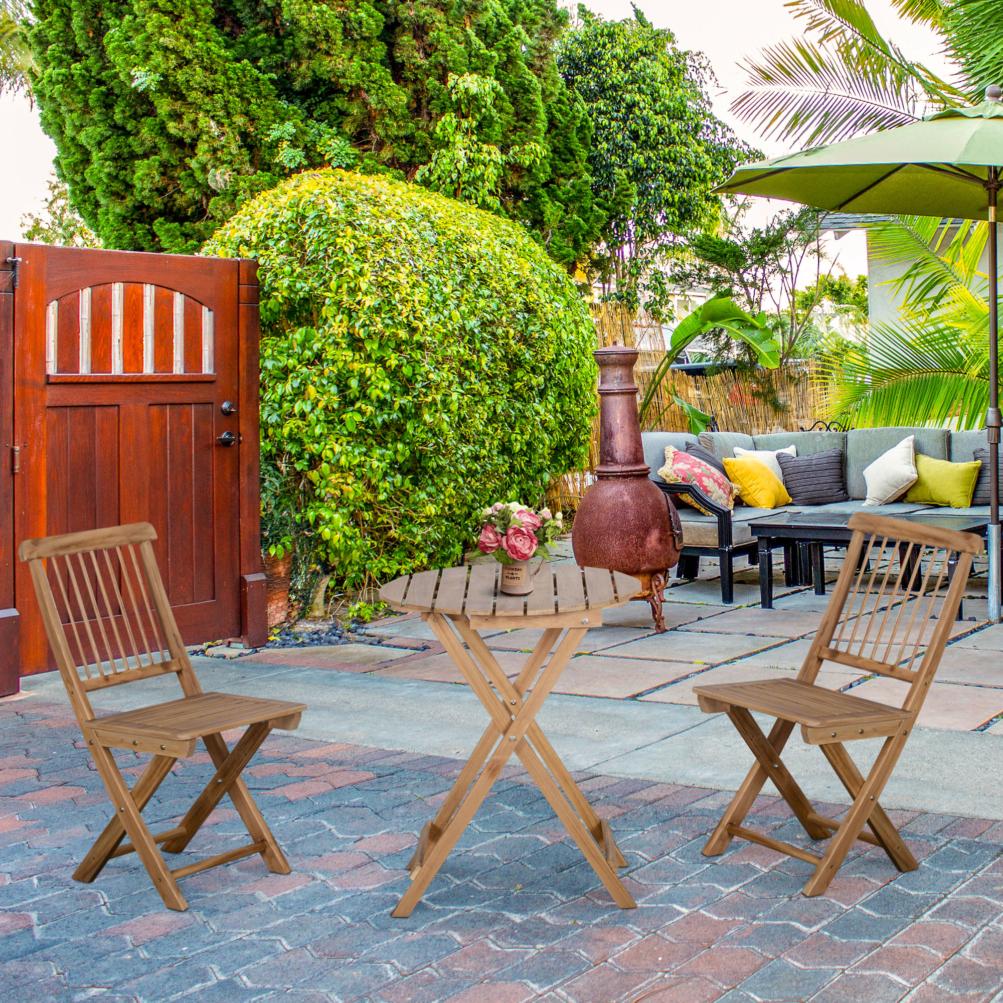 Outsunny bistroset 3 st. Opklapbare houten bistrotafel met 2 stoelen tuinset