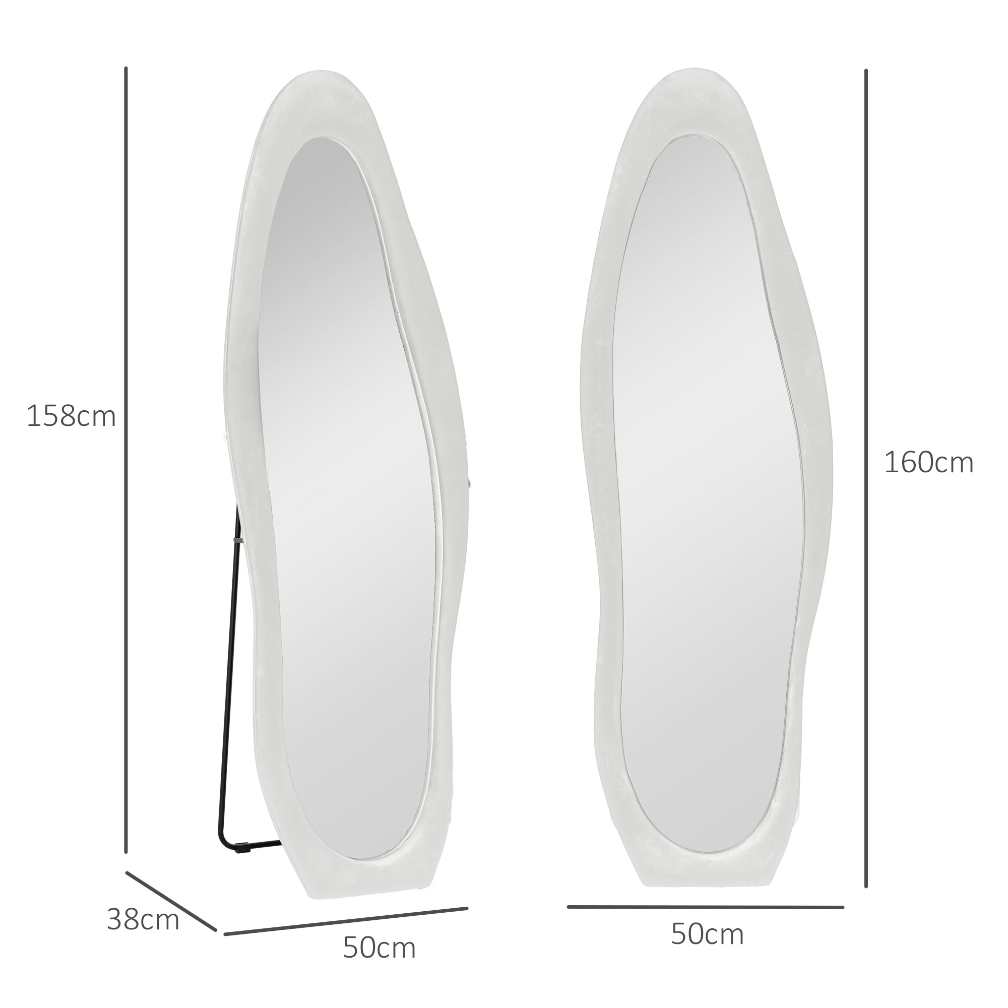 HOMCOM Volledige Lichaamsspiegel, Golvende Vorm, 160 x 50 cm, Vrijstaand, Fluweelachtige Framebekleding, Slaapkamer, Woonkamer, Wit