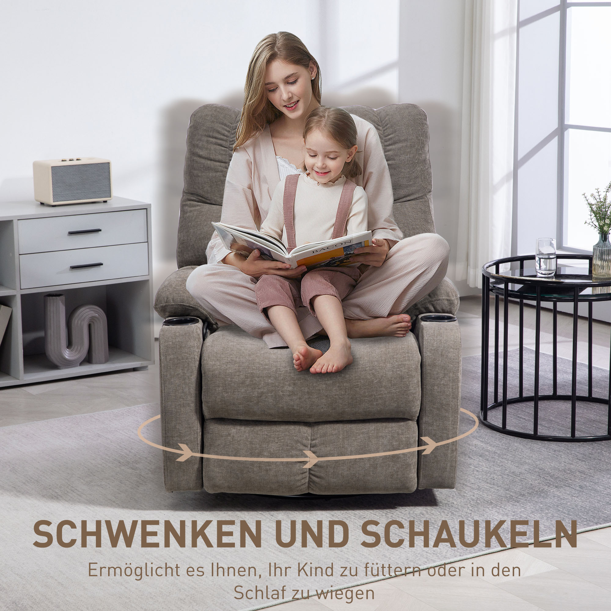 HOMCOM Relaxstoel met Voetensteun, Ligstoel, Draaibaar, Tot 150 kg, Stalen Frame, 88x96x108cm, Lichtbruin