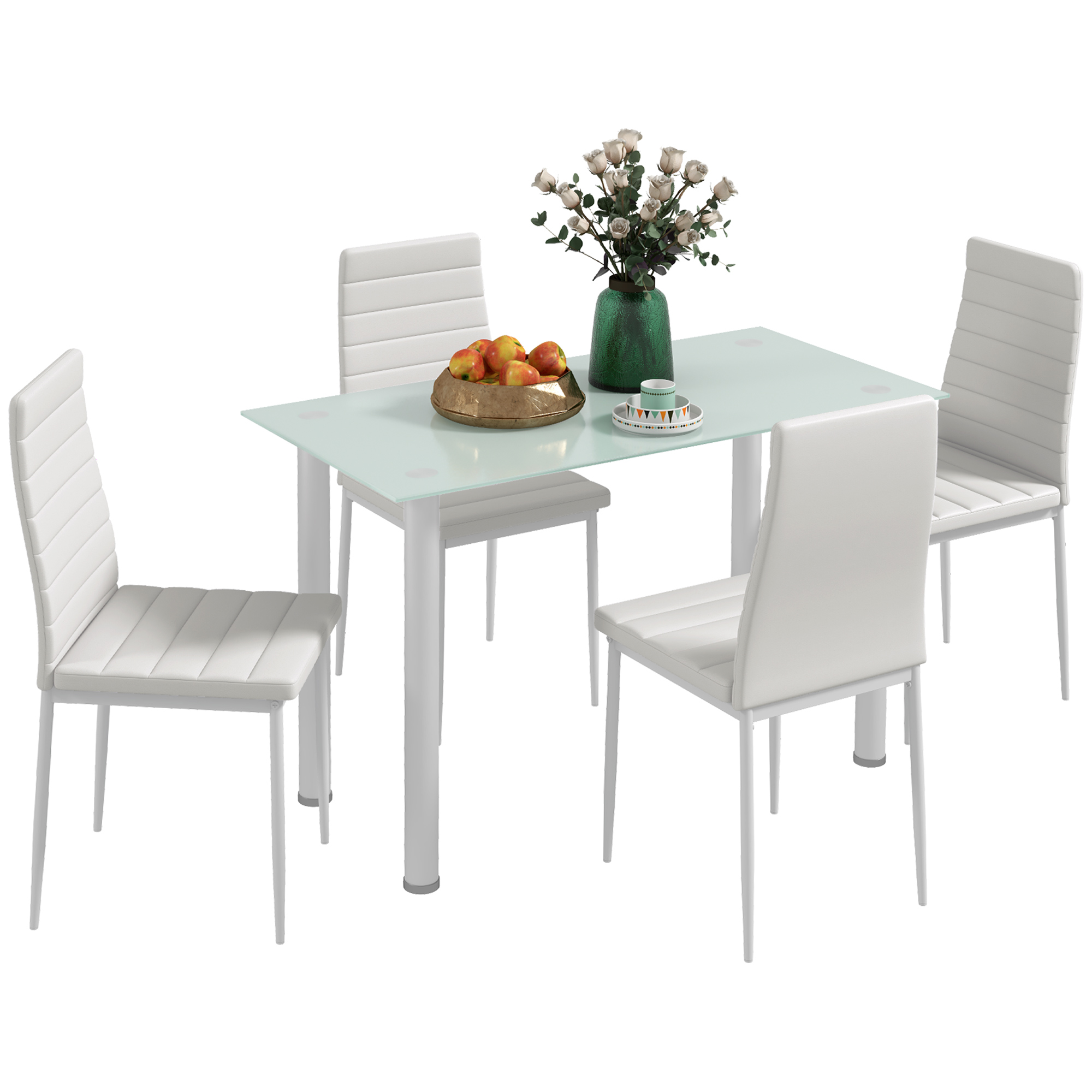 HOMCOM 5-delige Eetkamerset met Eettafel en 4 Stoelen, Modern Design, Glazen Tafel, Wit