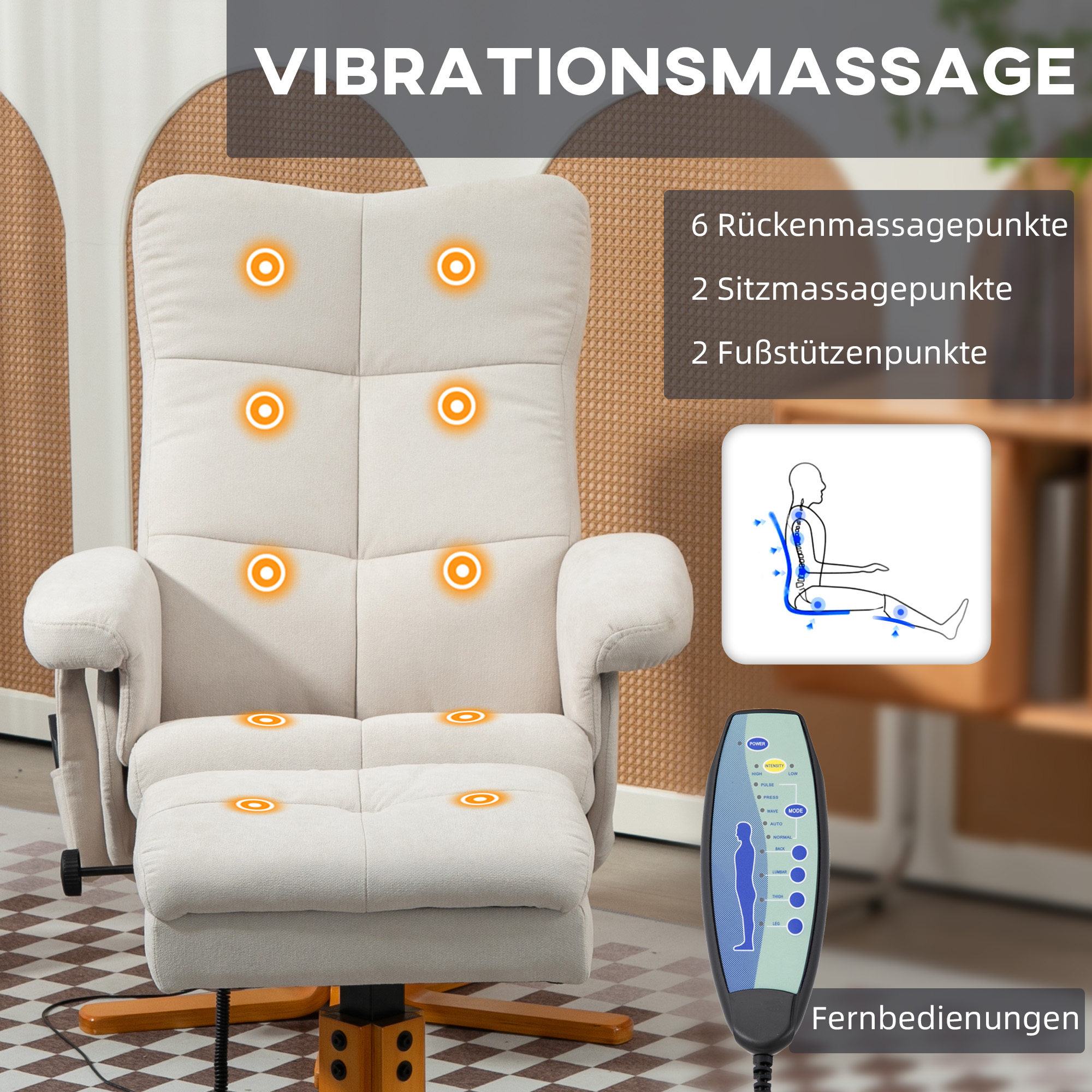HOMCOM Massagestoel met Ligfunctie en Voetenbankje, 145°-Kanteling, Polyester, 80 x 86 x 99 cm, Crèmewit
