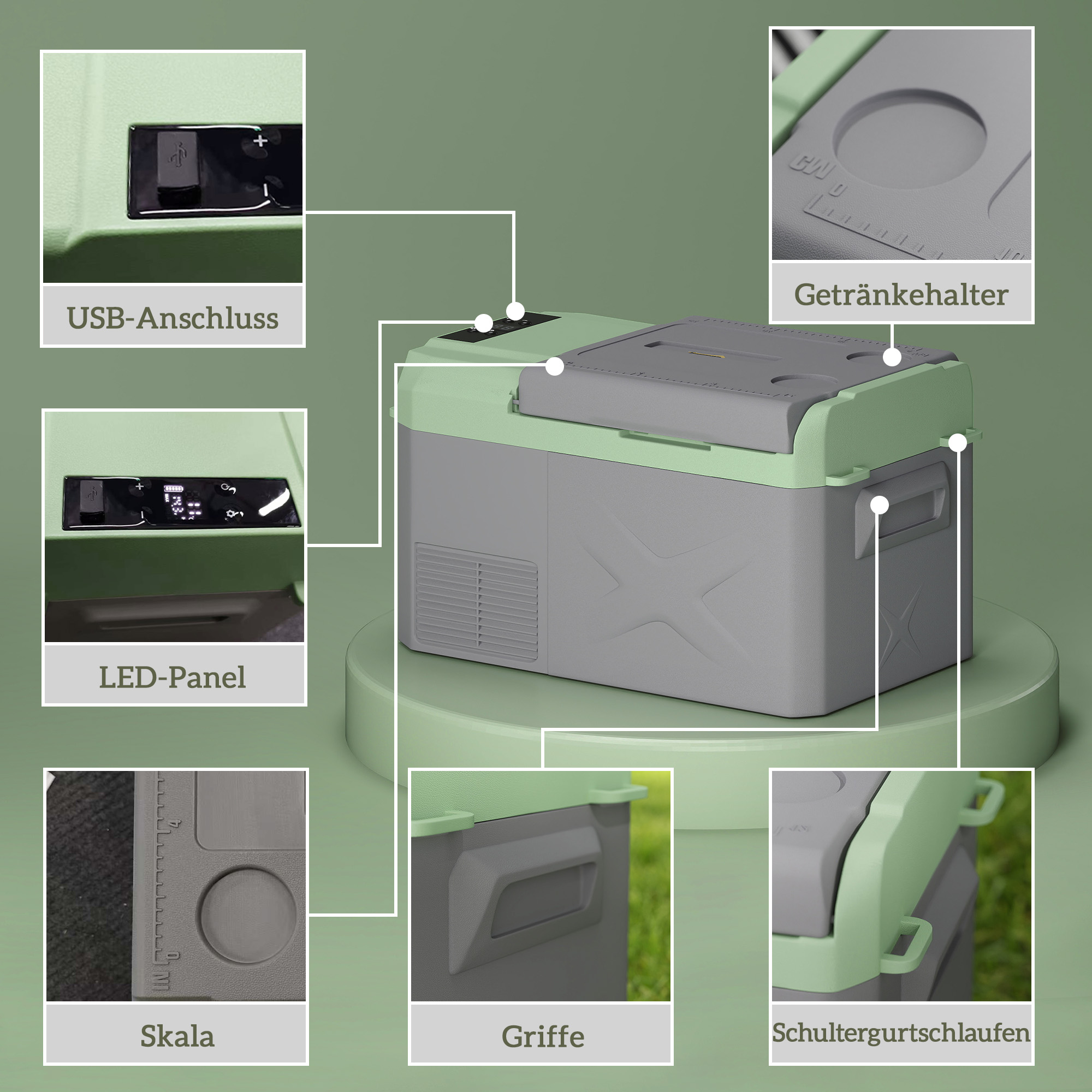 Outsunny 24,2 Liter Campingkoelkast, Autokoelkast, Koelbox met LED-Licht, AC- en DC-Adapters, Stille Werking, Grijs+Groen