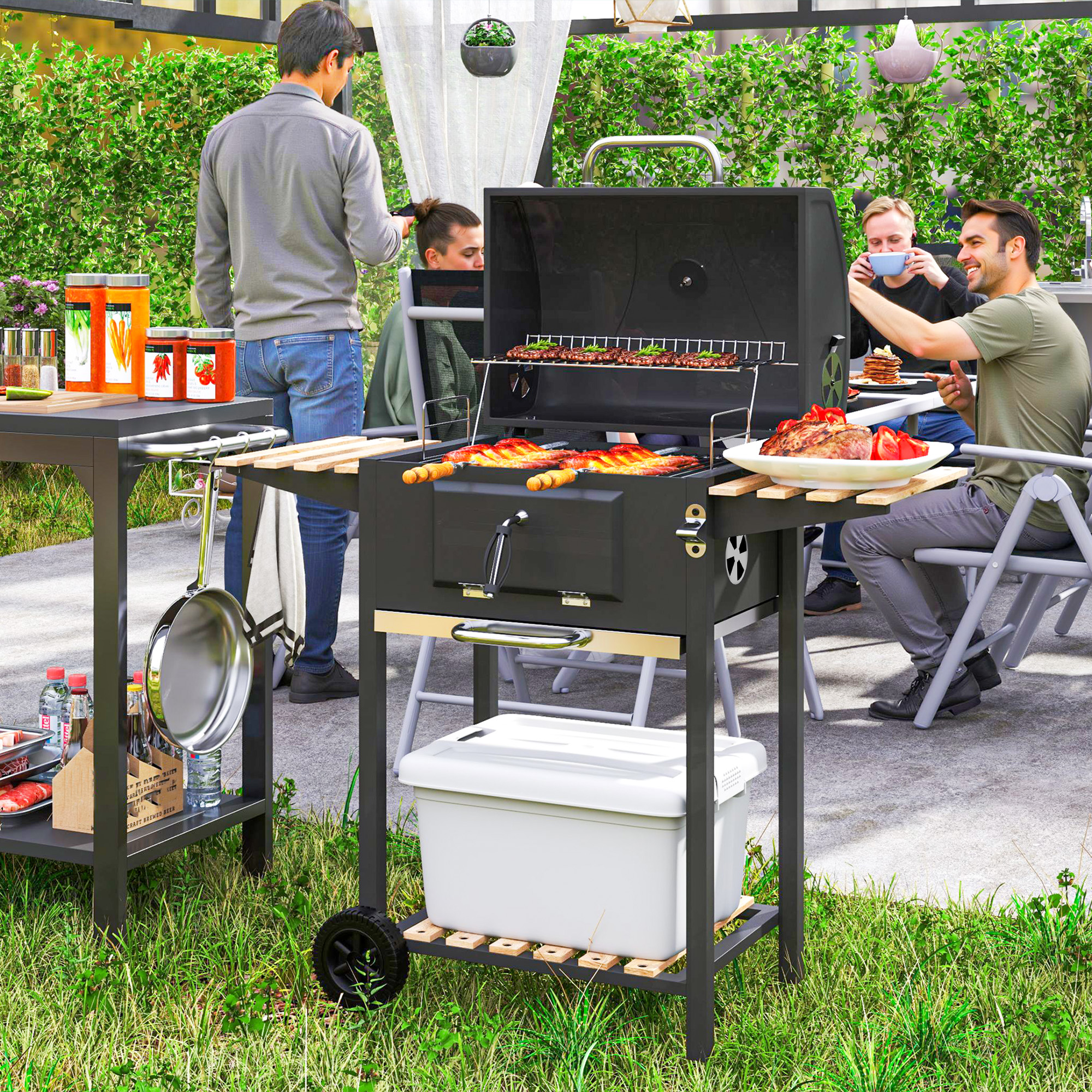 Outsunny Houtskoolgrill met verstelbare kolenbak, grillwagen, planken, thermometer, flesopener, staal, hout, zwart