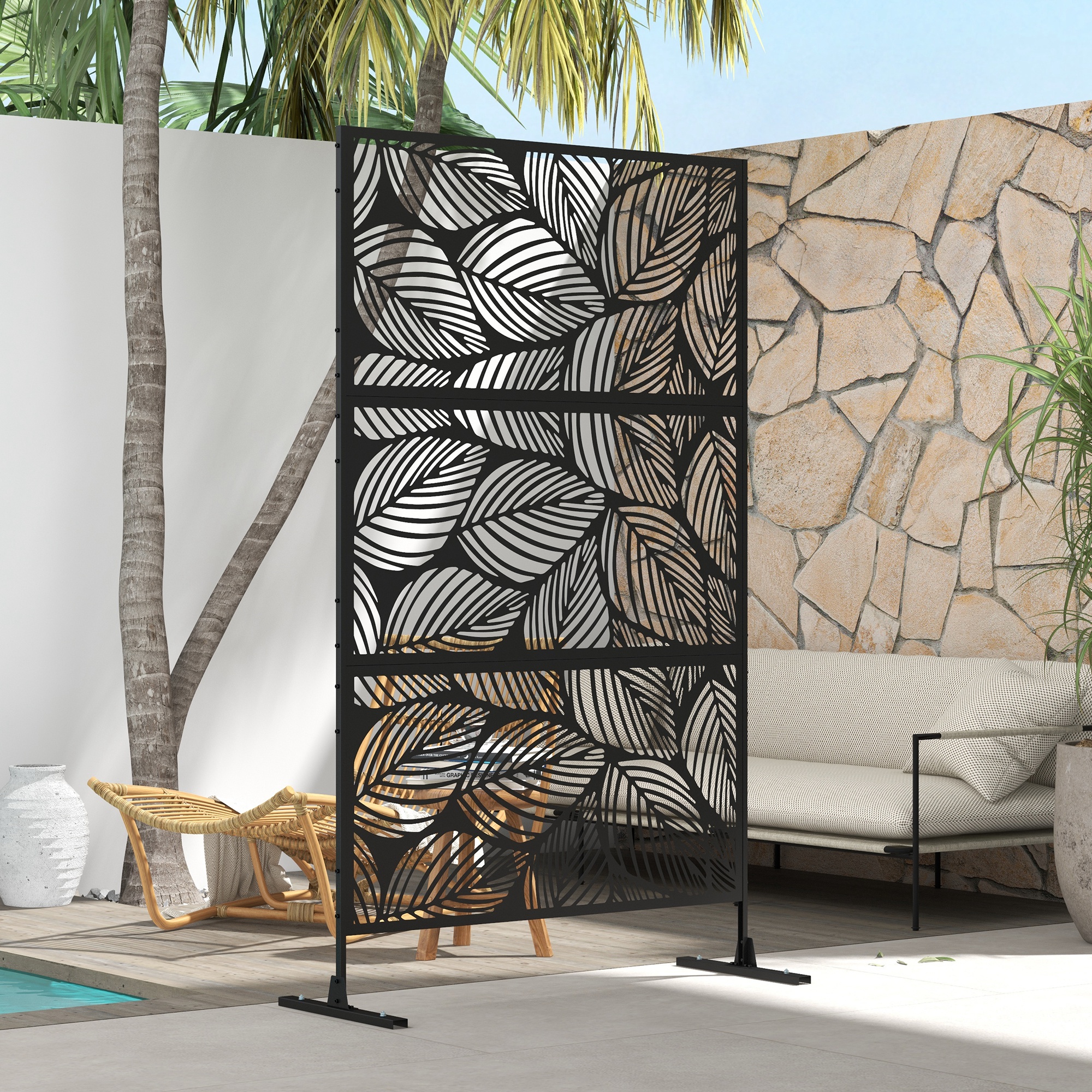 Outsunny Tuinafscheiding met bloemenpatroon, metaal, 122 x 45 x 198 cm, zwart