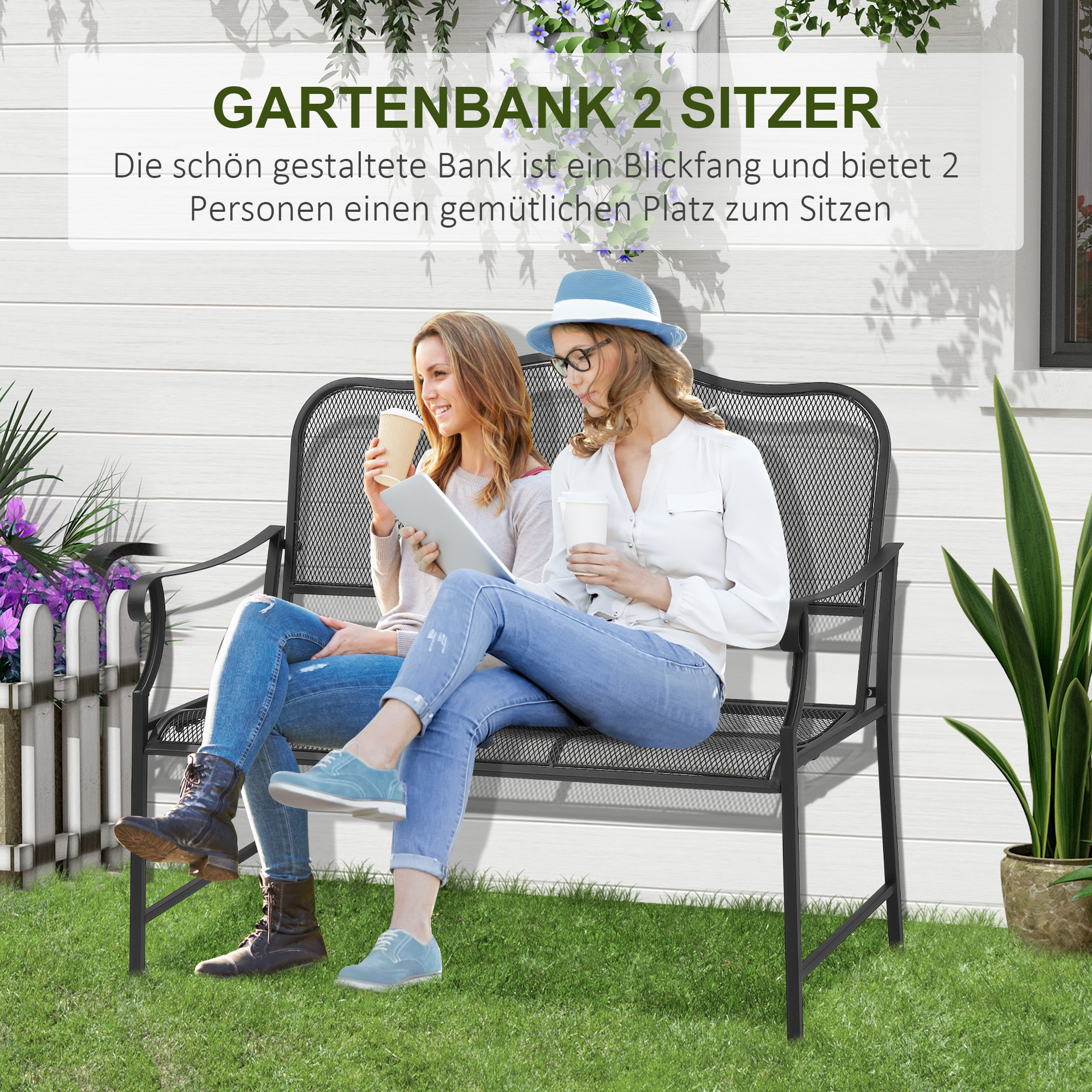 Outsunny Nostalgische Metalen Tuinbank, 2-zits, Weerbestendig, Zwart, 113 cm x 58 cm x 98 cm