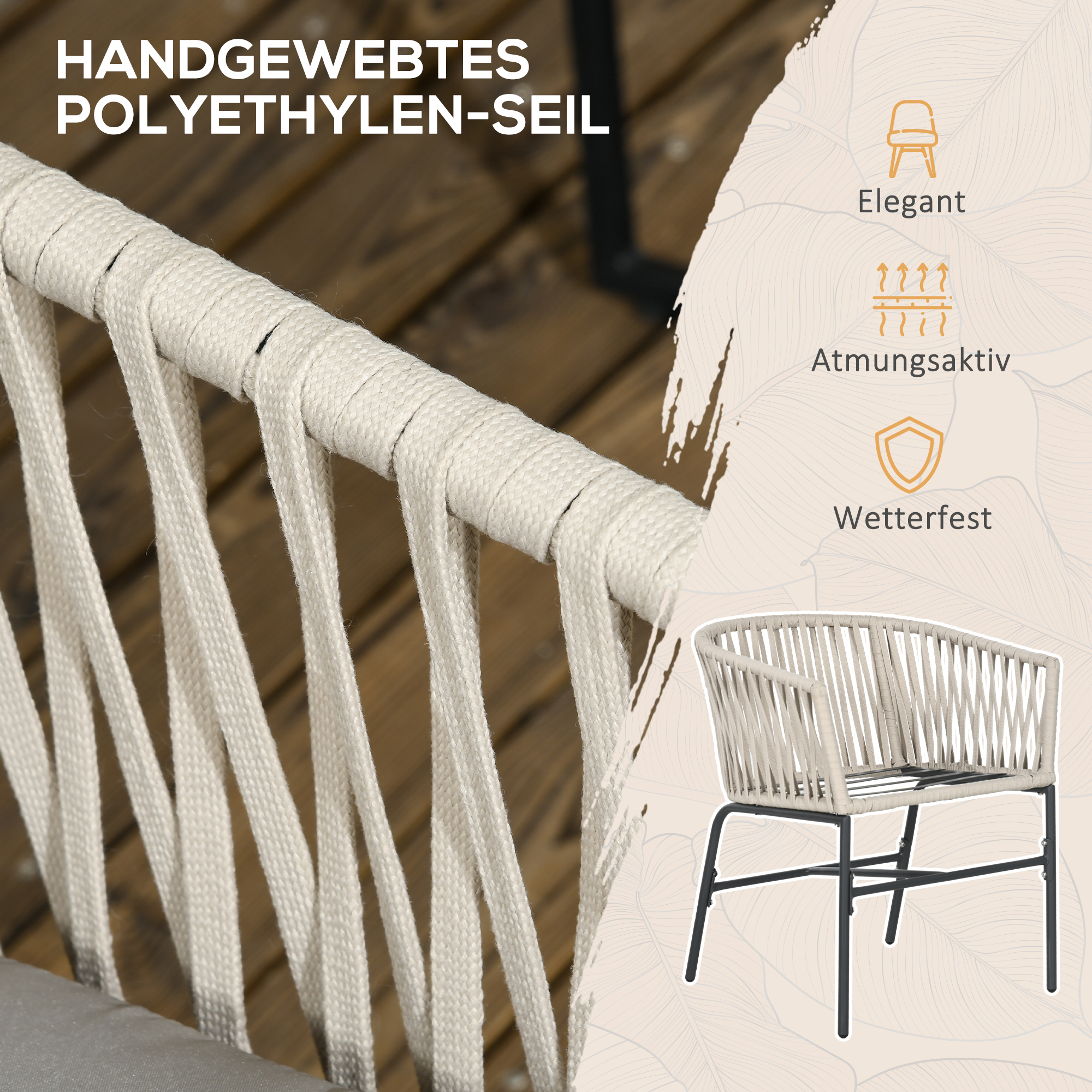 Outsunny Terrasstoel 2-delige set, Boho-stijl, comfortabele zitting, zitkussens, wasbare hoes, metalen frame, Grijs/Beige