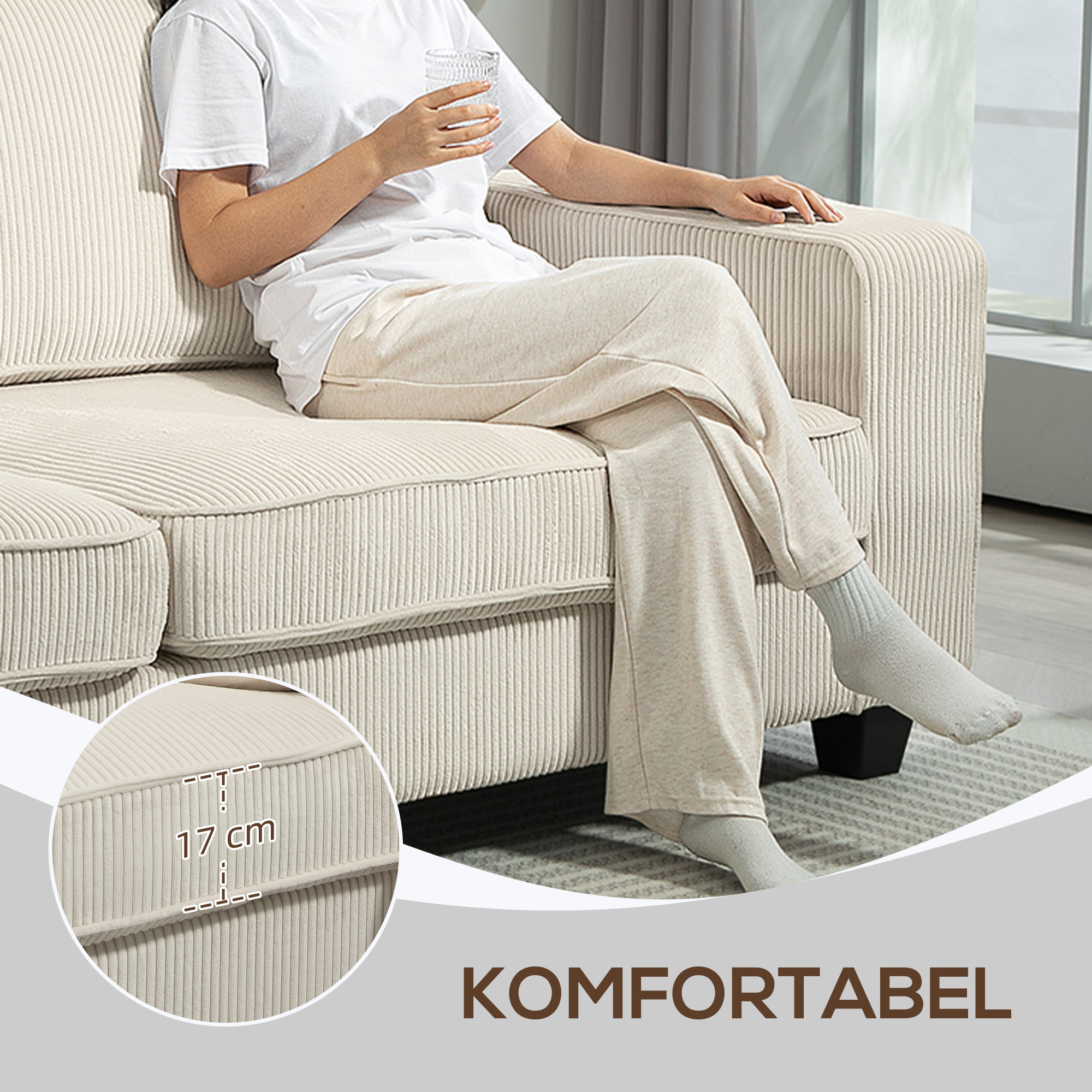 HOMCOM 3-Zitsbank met Corduroy Bekleding, Woonkamerbank met Pocketvering, tot 400 kg, 227 x 84 x 87 cm, Crèmewit
