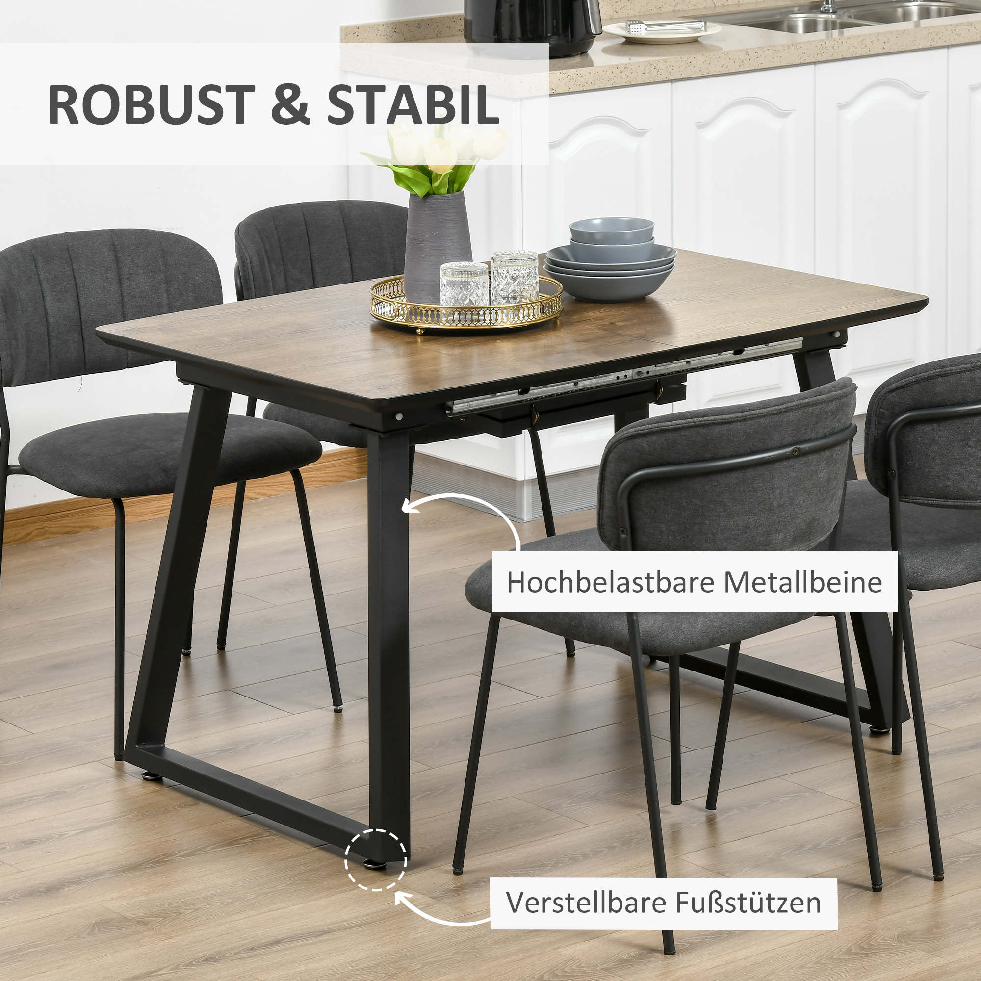 HOMCOM eettafel met uitschuifbaar tafelblad, keukentafel met houteffect, bruin