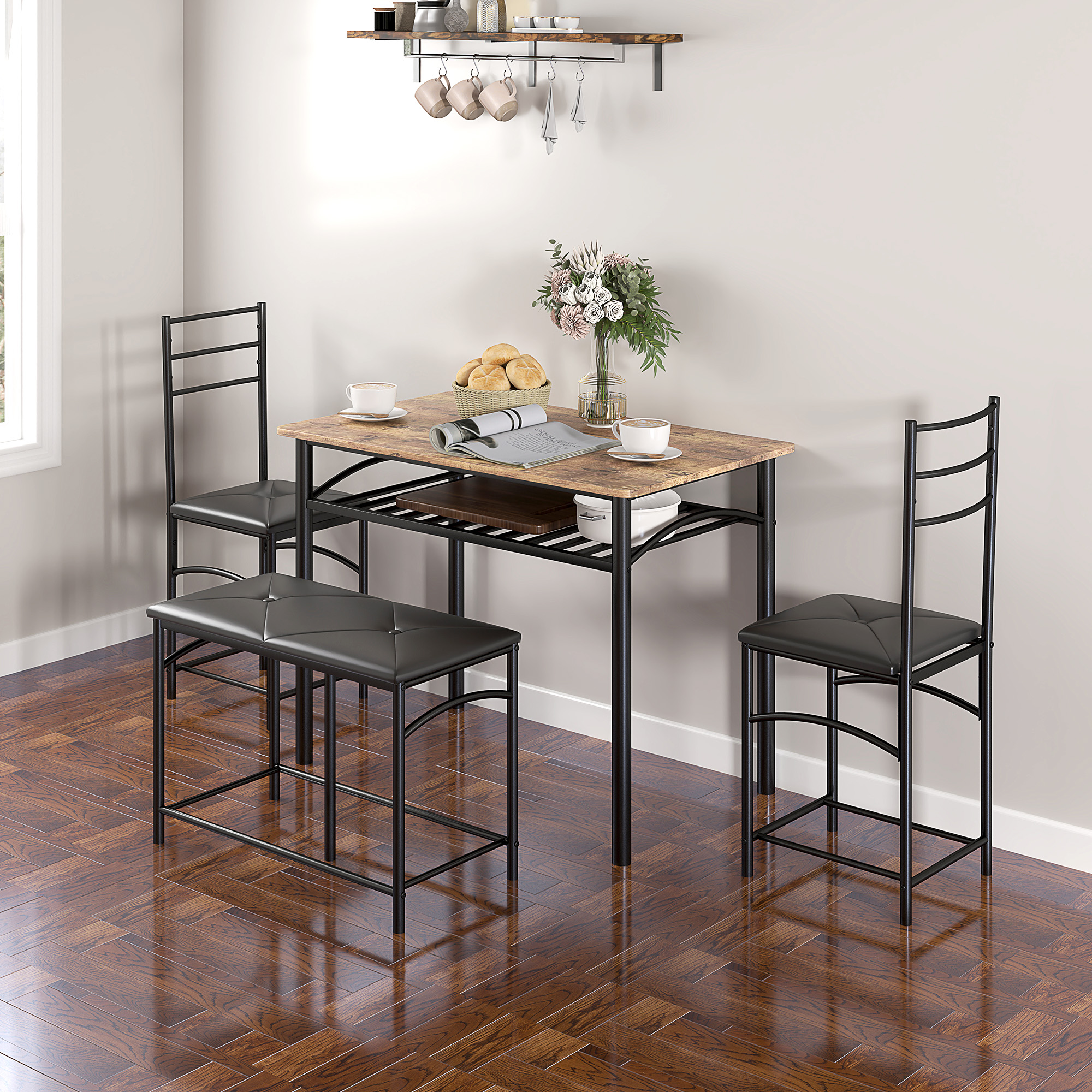 HOMCOM 4-Delige Eetkamerset, Ruimtebesparende Set met Tafel, 2 Stoelen en Bank voor Kleine Ruimtes, Metaal, Hout, Bruin