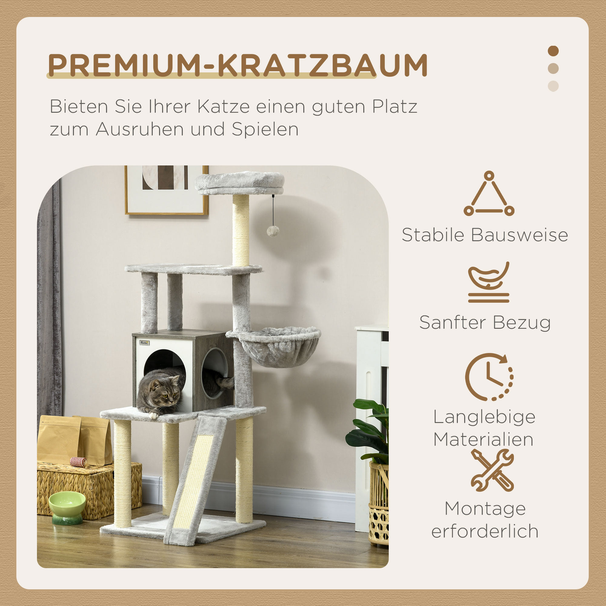PawHut Krabpaal met kattenhol. Kattenboom, 1 kattenhol, 1 hangmat, 1 kattenbed, 1 ligplaats, natuur + wit + grijs