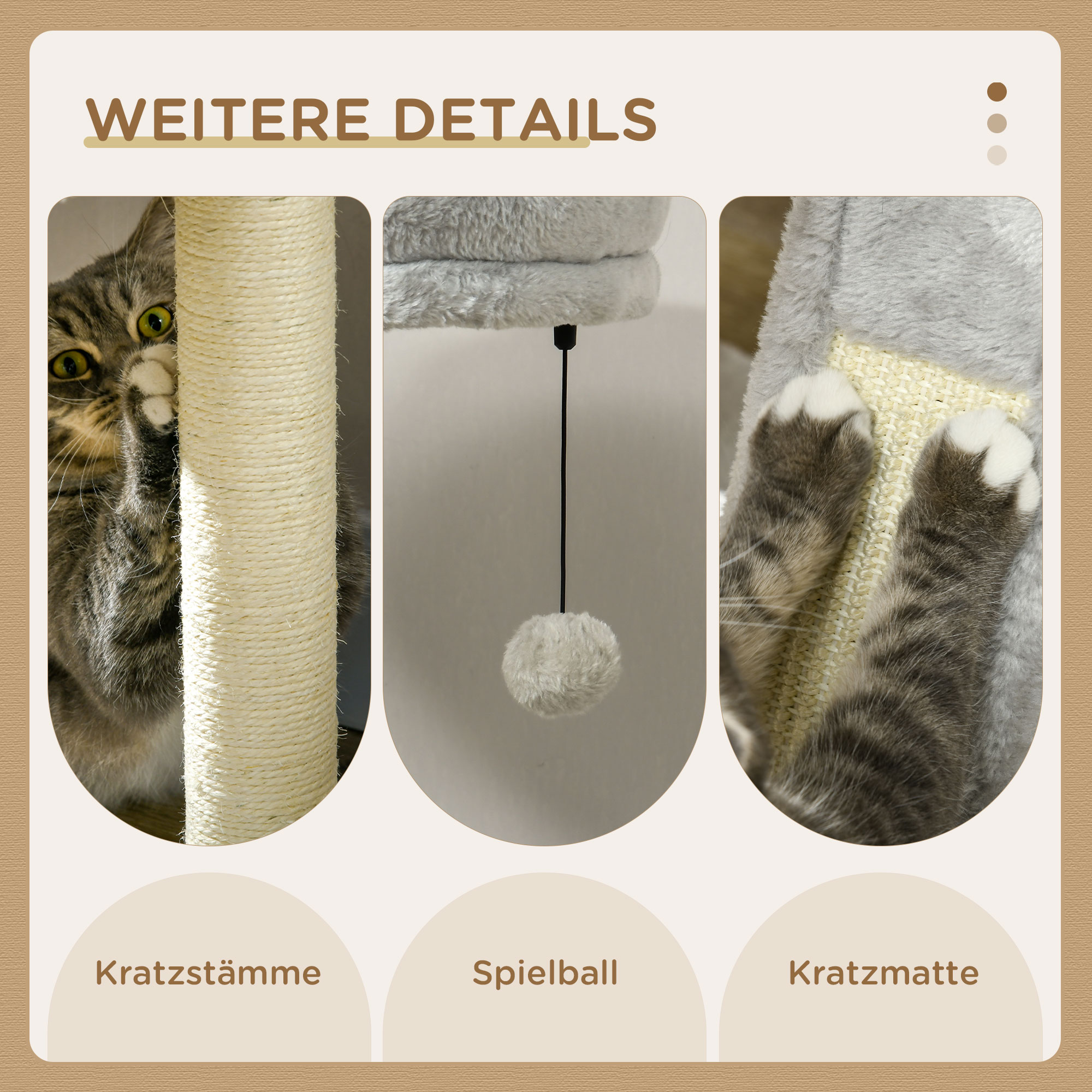 PawHut Krabpaal met kattenhol. Kattenboom, 1 kattenhol, 1 hangmat, 1 kattenbed, 1 ligplaats, natuur + wit + grijs