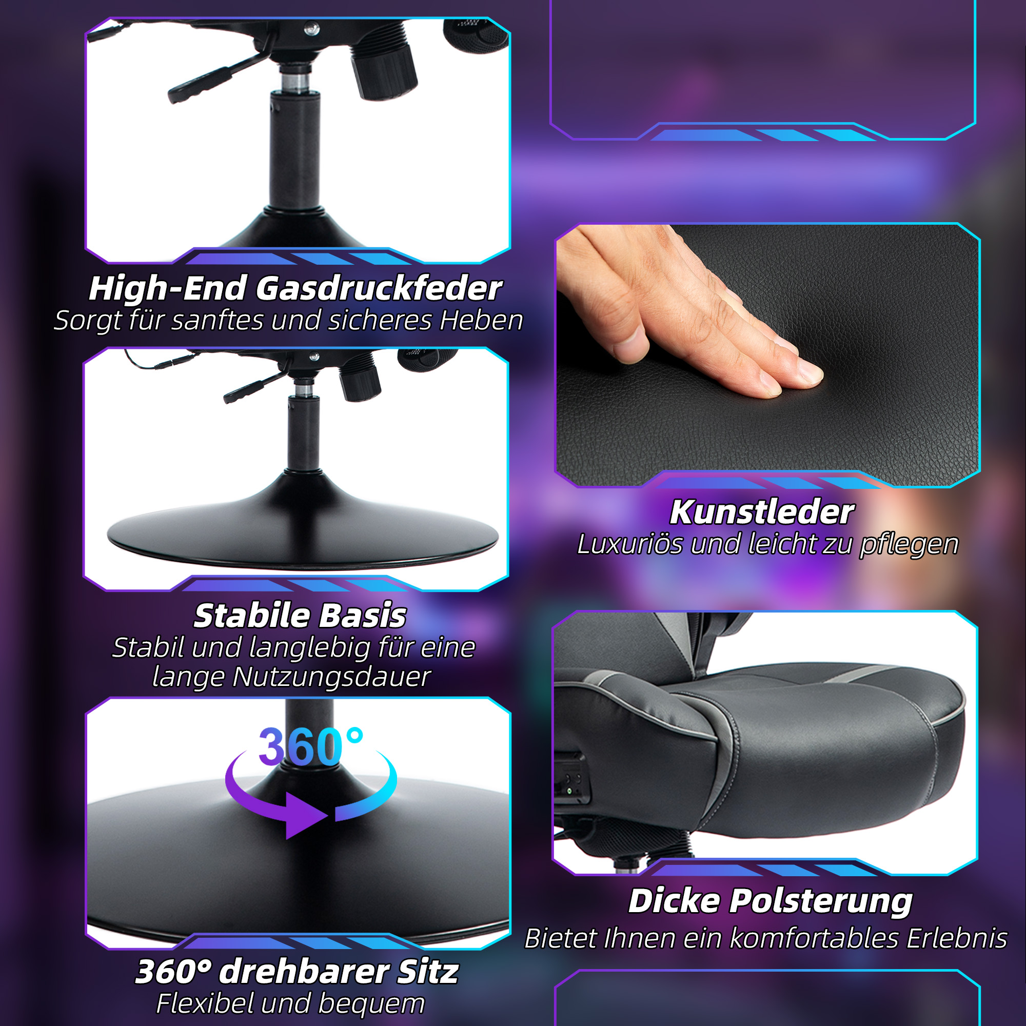 Vinsetto Gamingstoel met Schommelfunctie en Luidspreker, Lenden- en Neksteun, voor Speelkamer, Kunstleer, Grijs+Zwart